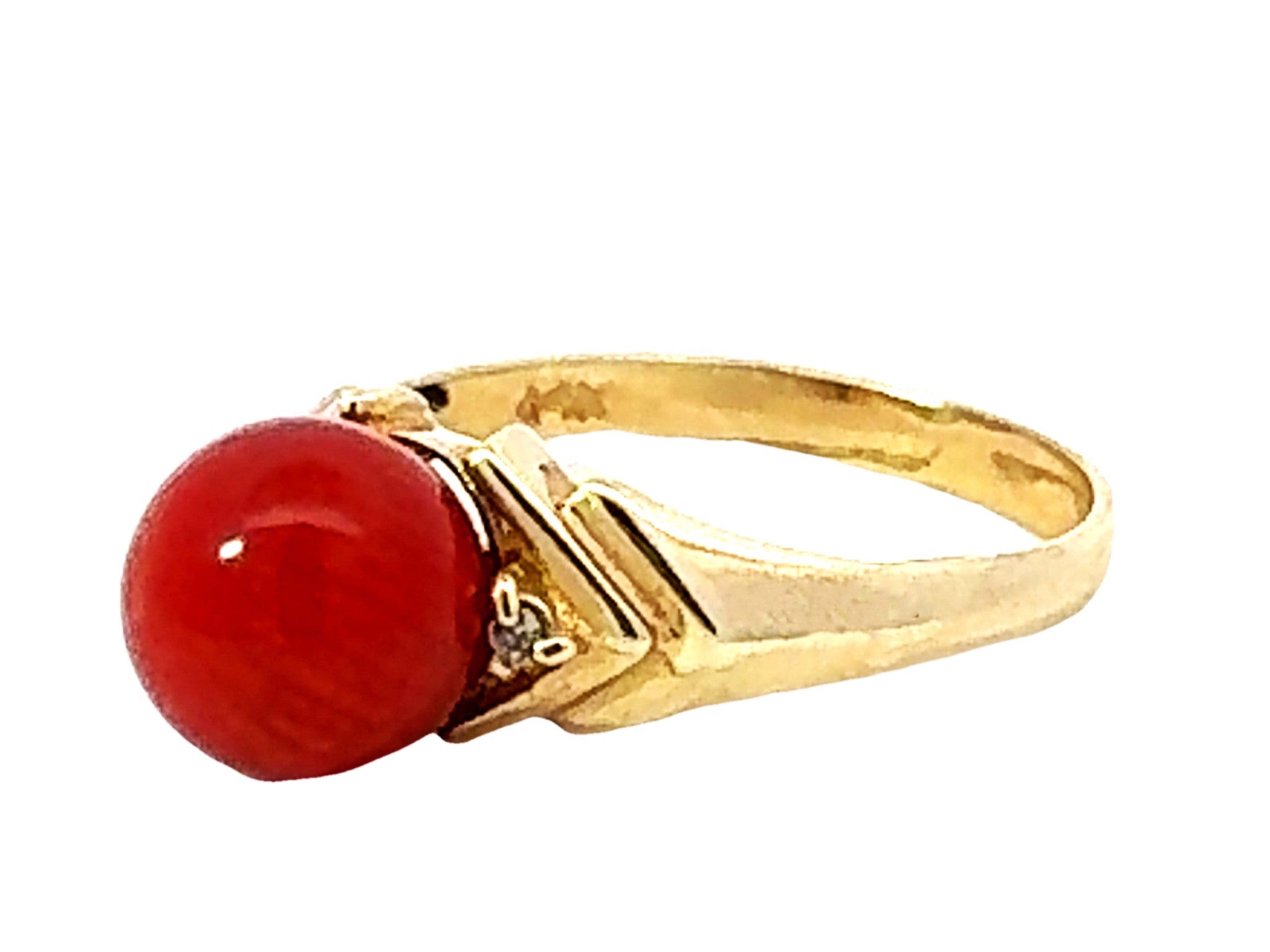 Red Aka Coral Sphere and Diamond Ring 14k Yellow Gold