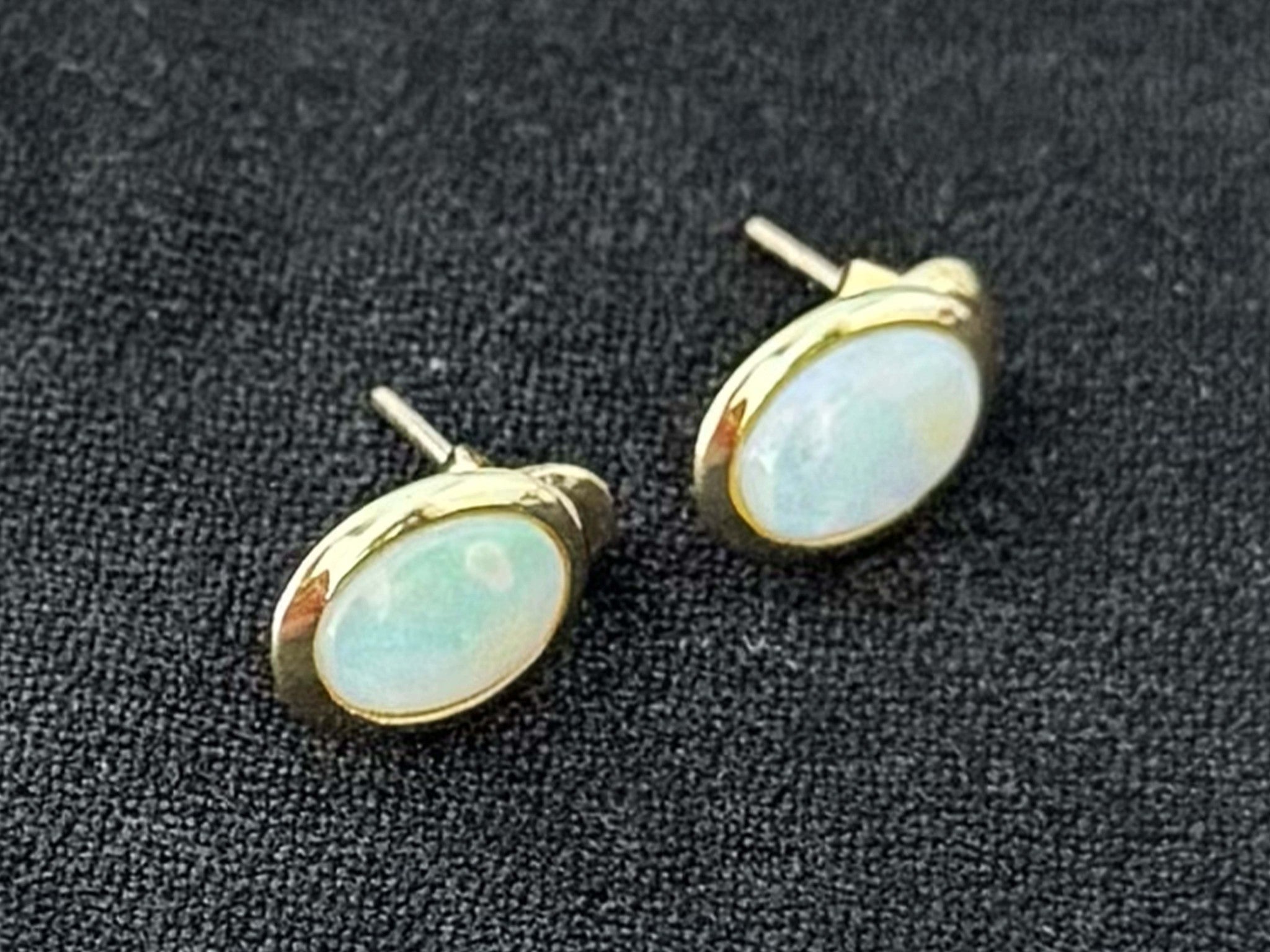 Oval Opal Earrings Solid 14K Yellow Gold