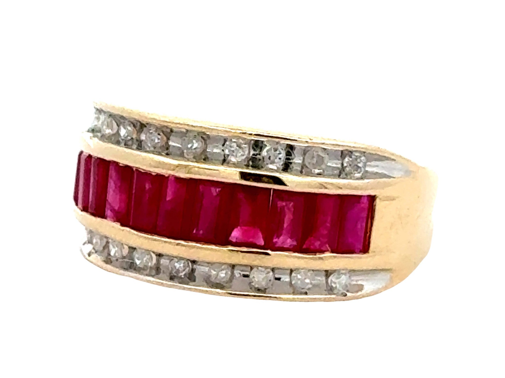 Baguette Ruby Center and Double Diamond Row Ring 14k Yellow Gold