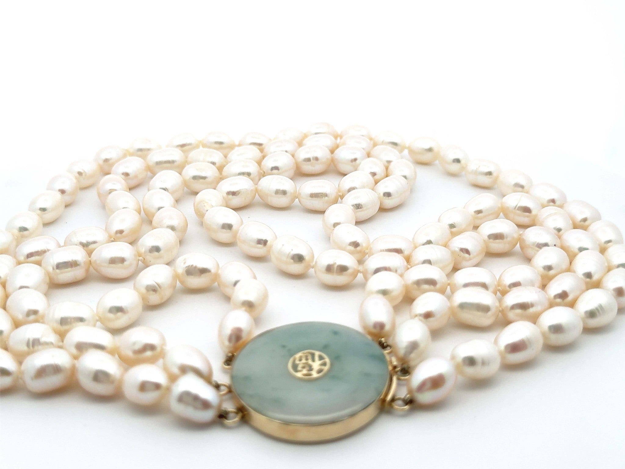 Triple Stranded Pearl Beaded Necklace Jade Clasp 14K Yellow Gold