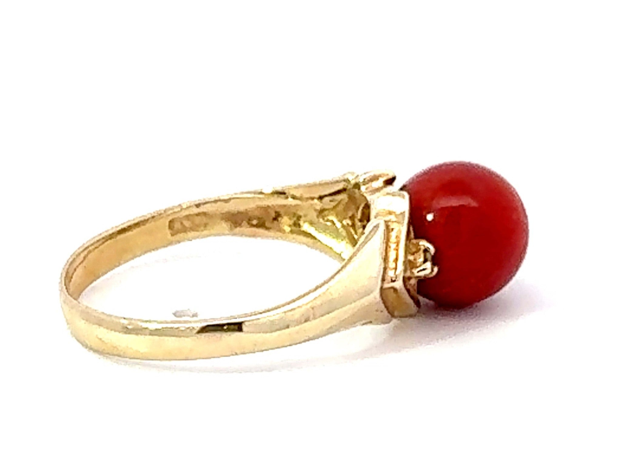 Red Aka Coral Sphere and Diamond Ring 14k Yellow Gold