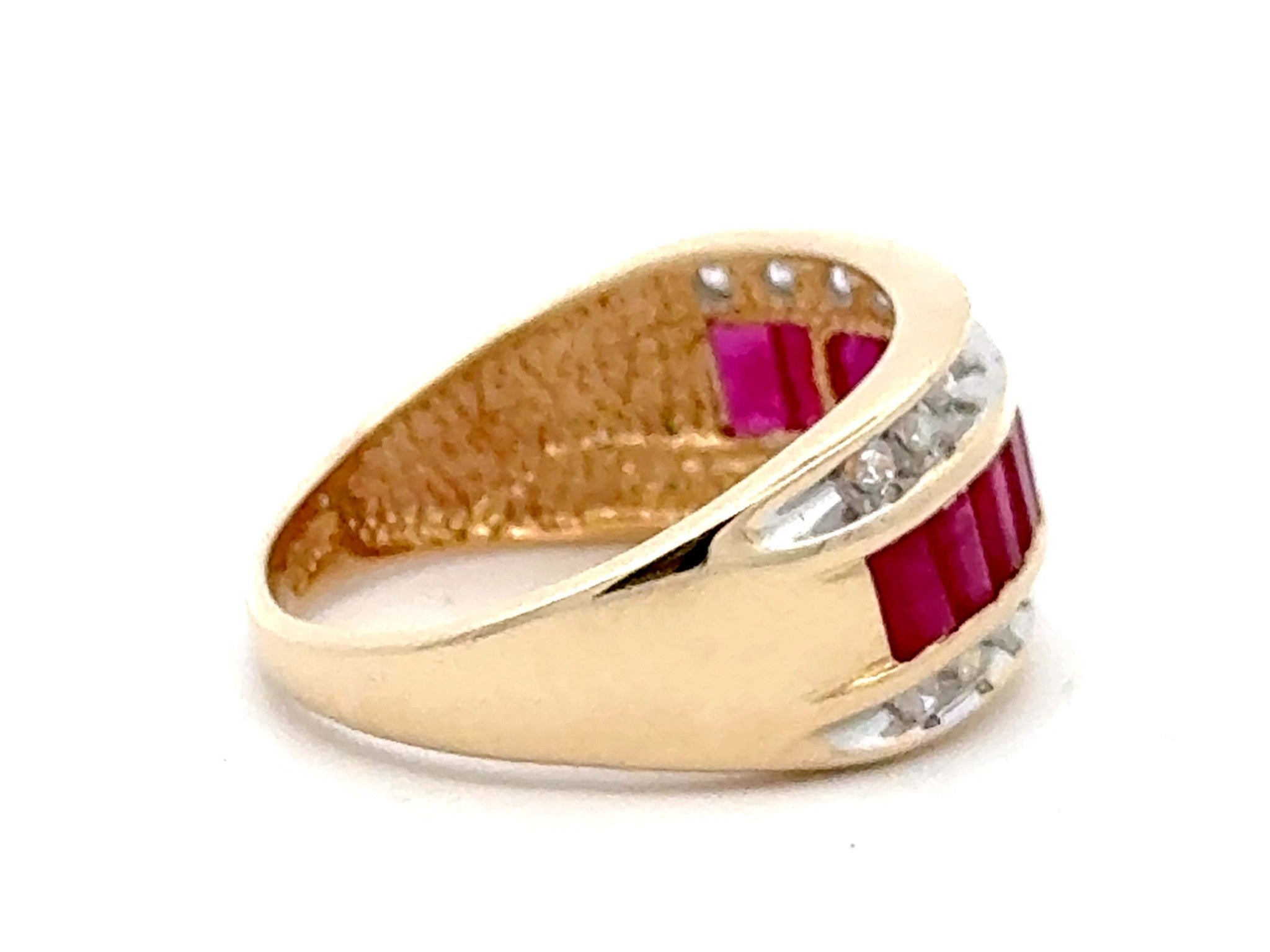 Baguette Ruby Center and Double Diamond Row Ring 14k Yellow Gold