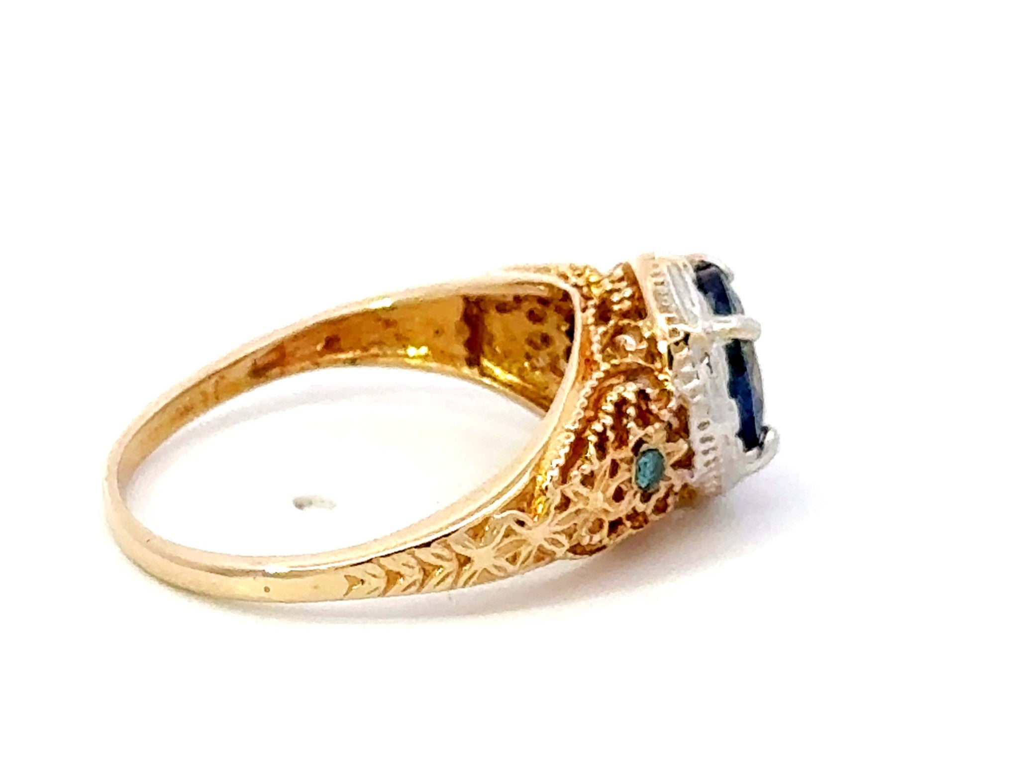 Blue Purple Round Tanzanite Filigree Ring 14k White and Yellow Gold