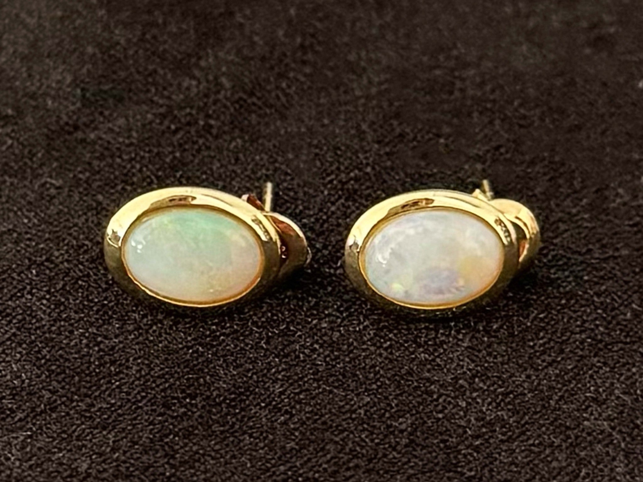 Oval Opal Earrings Solid 14K Yellow Gold