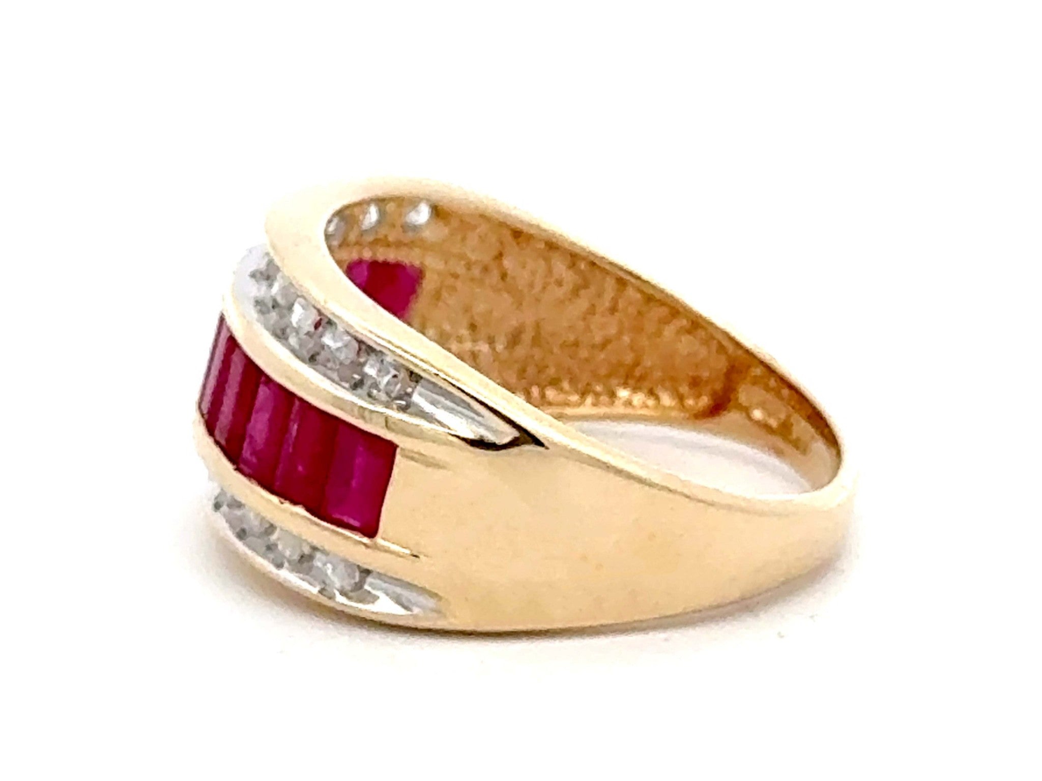 Baguette Ruby Center and Double Diamond Row Ring 14k Yellow Gold