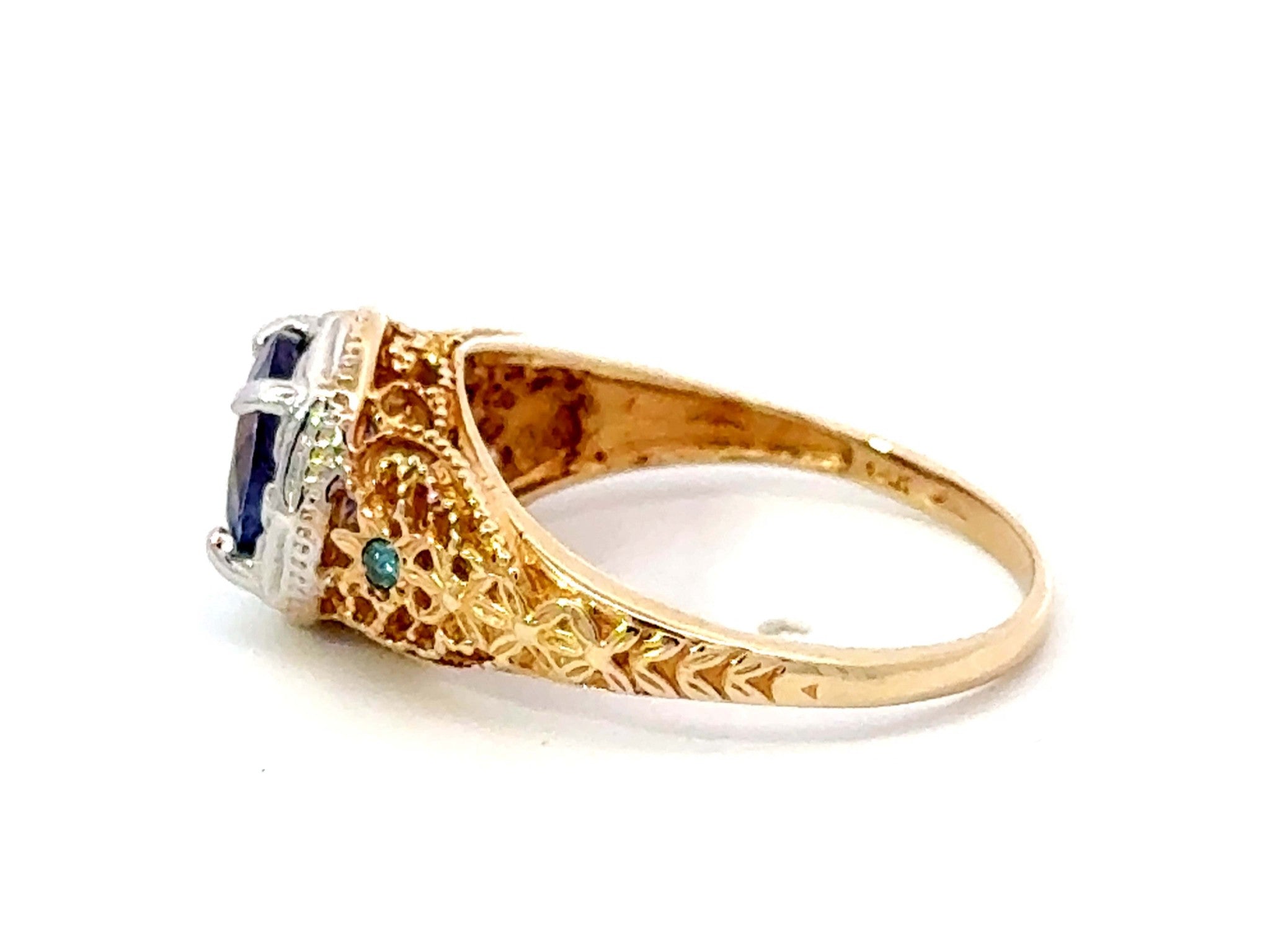 Blue Purple Round Tanzanite Filigree Ring 14k White and Yellow Gold