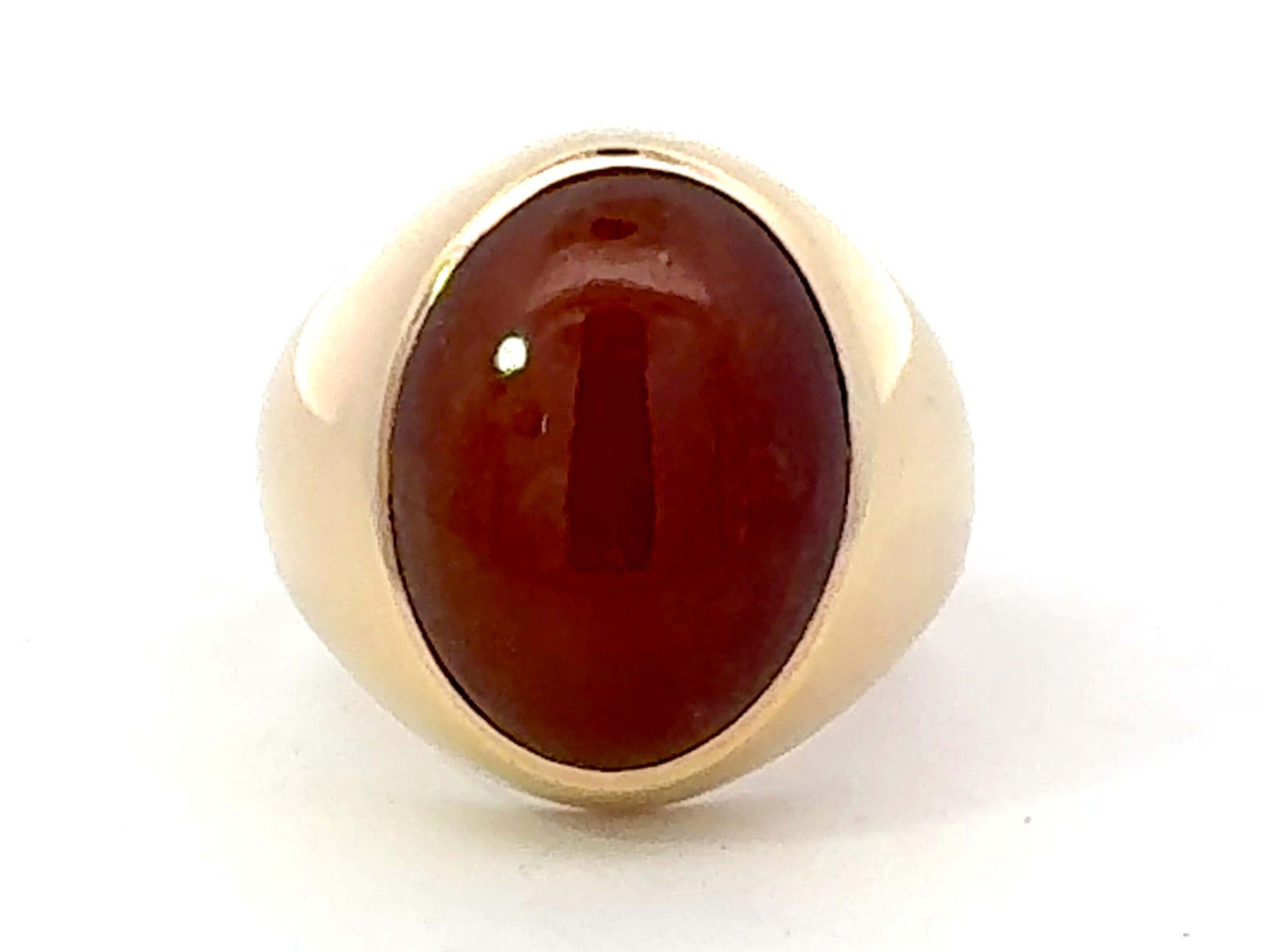 Bezel Set Red Brown Oval Cabochon Jade Ring 14k Yellow Gold