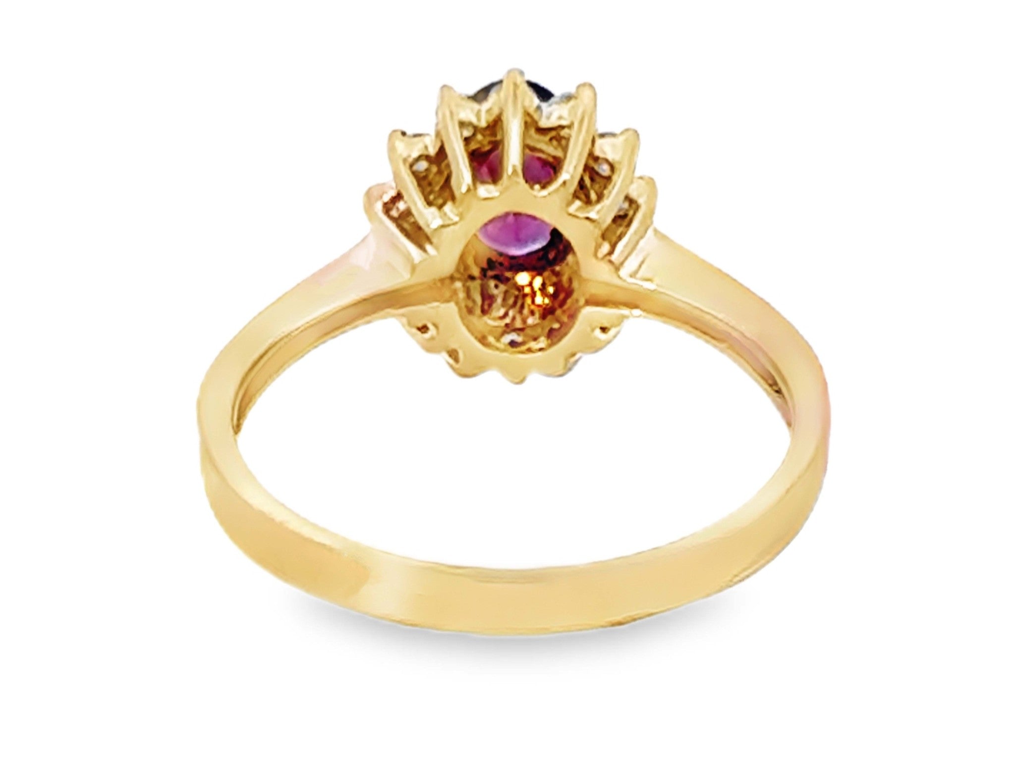 Oval Red Ruby and Diamond Halo Ring 14k Yellow Gold