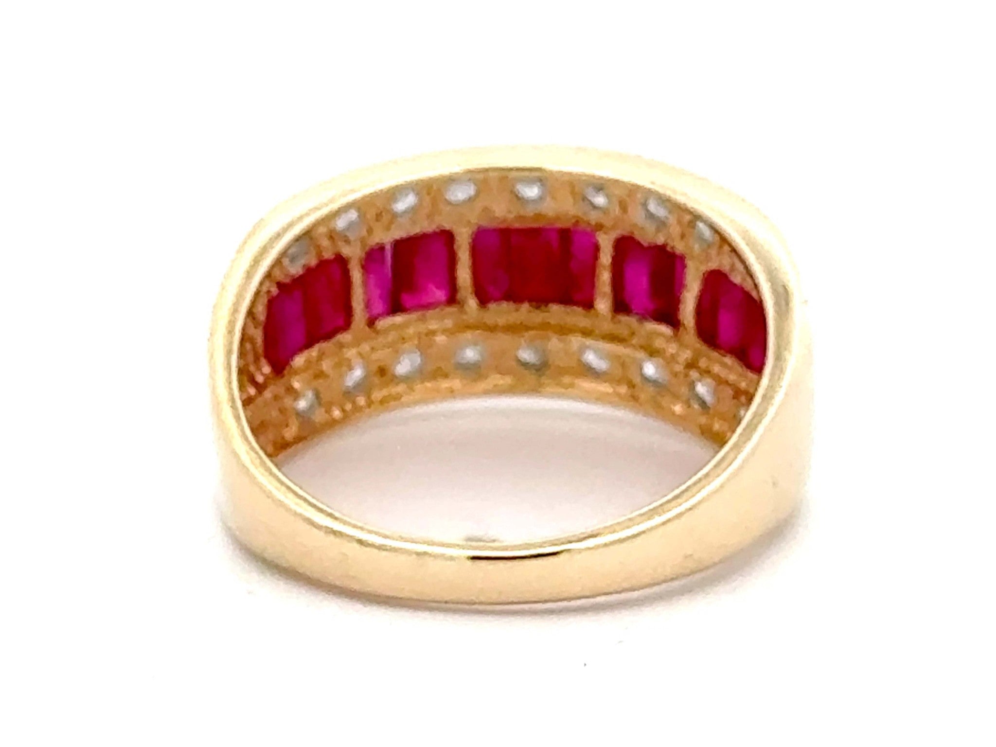 Baguette Ruby Center and Double Diamond Row Ring 14k Yellow Gold