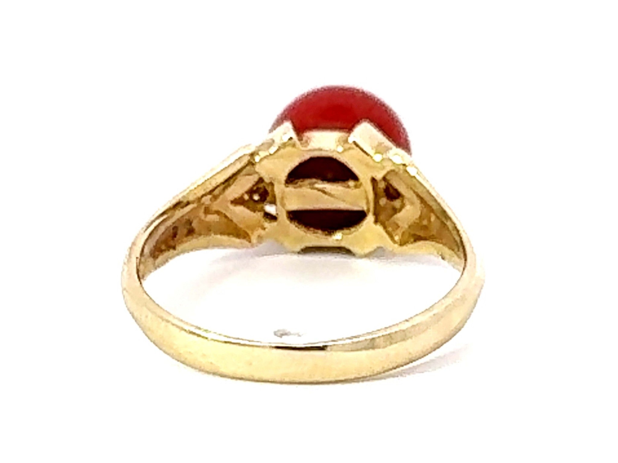 Red Aka Coral Sphere and Diamond Ring 14k Yellow Gold