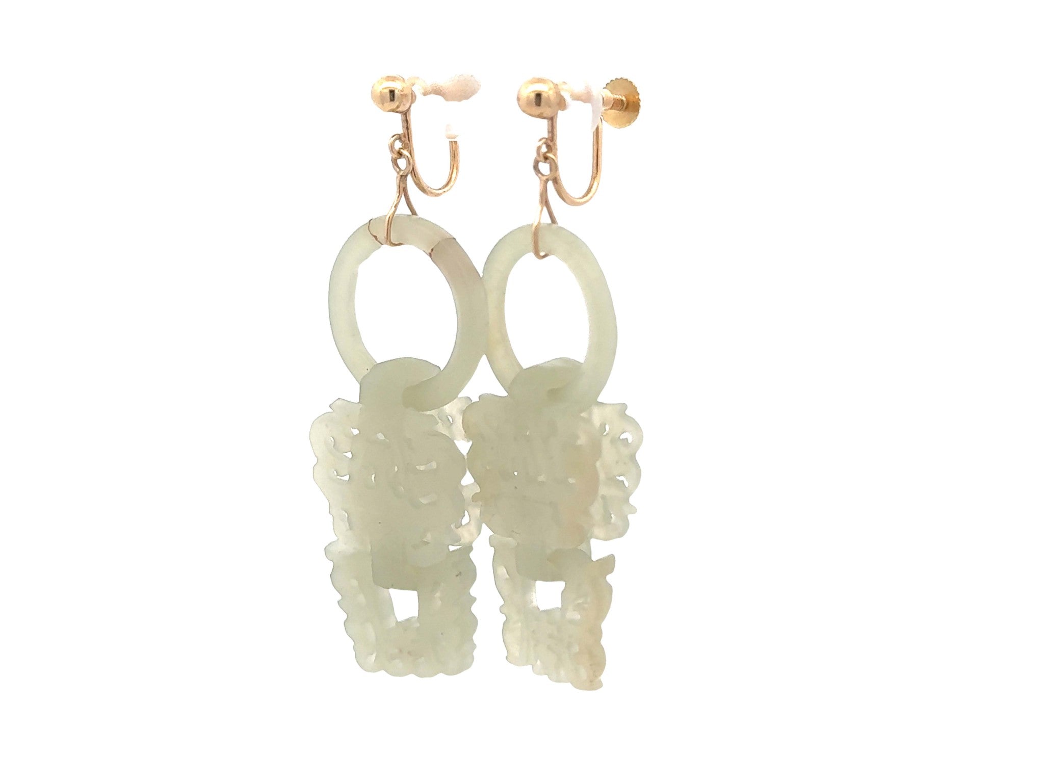 Devils Work White Jade Dangly Earrings 14k Yellow Gold