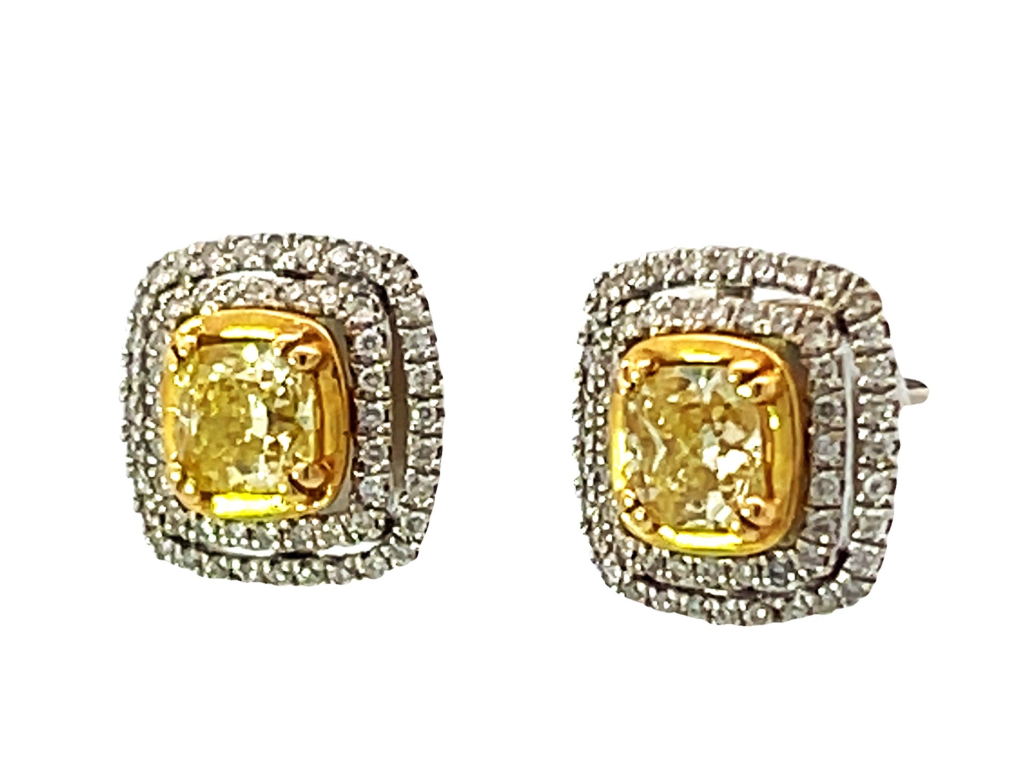 Fancy Yellow Cushion Cut Diamond Earrings with Double Diamond Halo 18k Gold