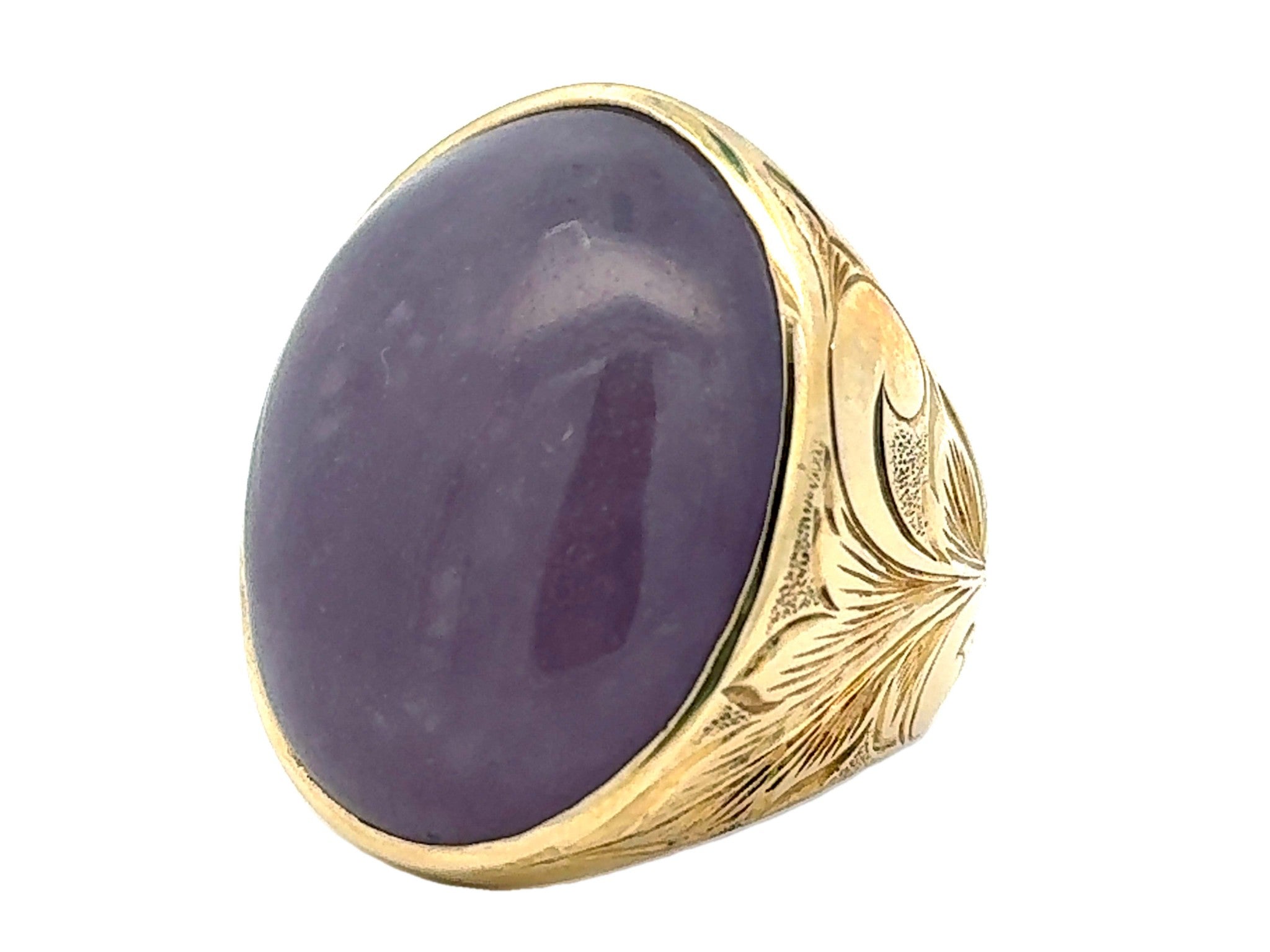 90 Carat Mens Purple Jade Cabochon Ring 14k Yellow Gold