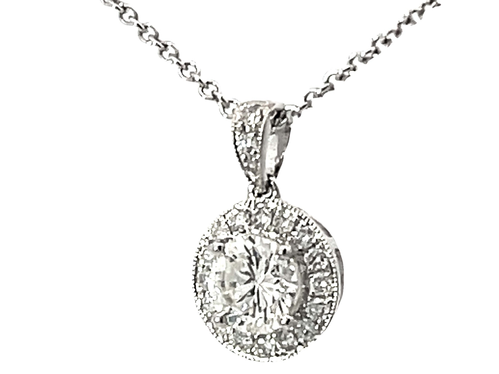 1.15 Carat Center Diamond Halo Pendant Necklace Solid White Gold