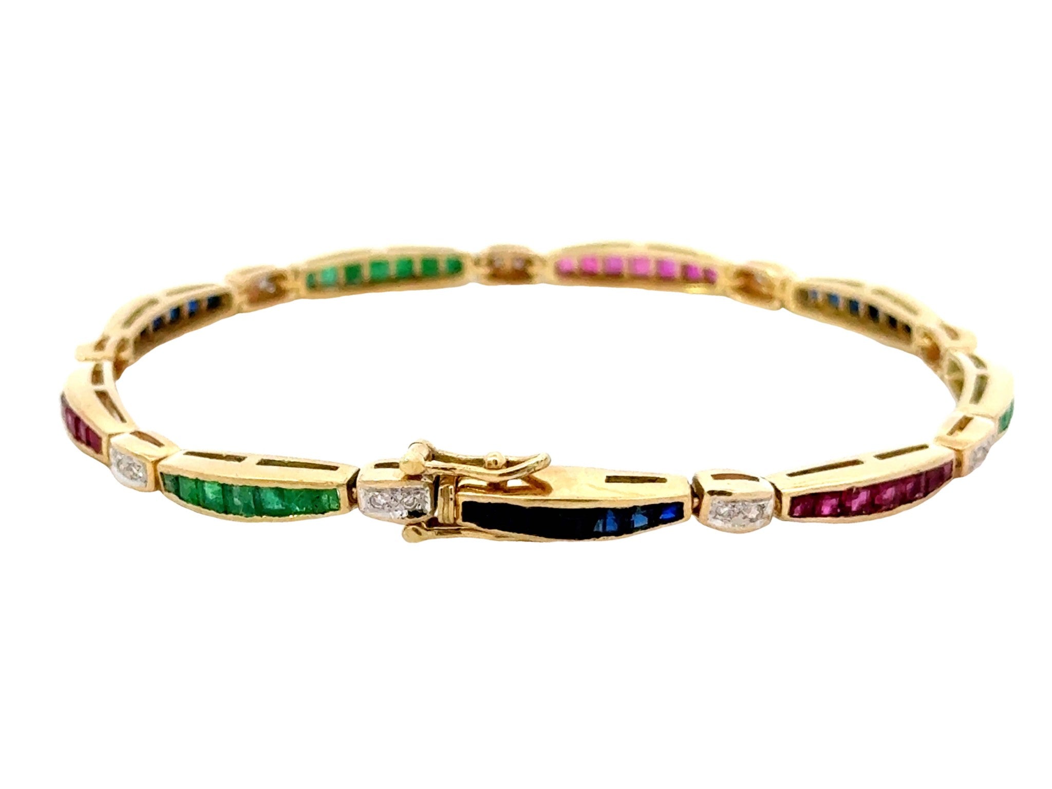 14k Yellow Gold Ruby Emerald Sapphire Diamond Tennis Bracelet