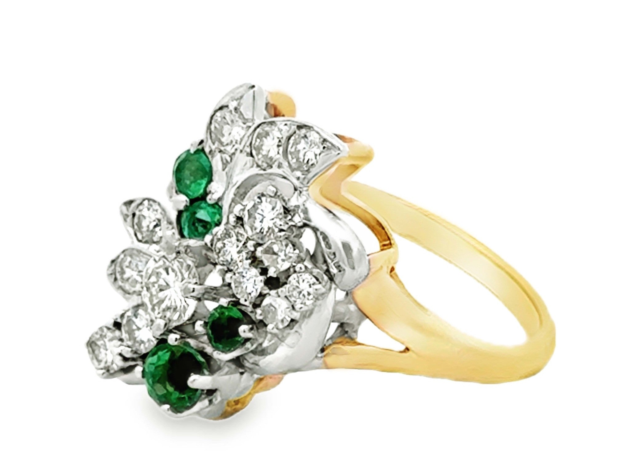 Diamond and Emerald Cluster Cocktail Ring 18k White and Yellow Gold