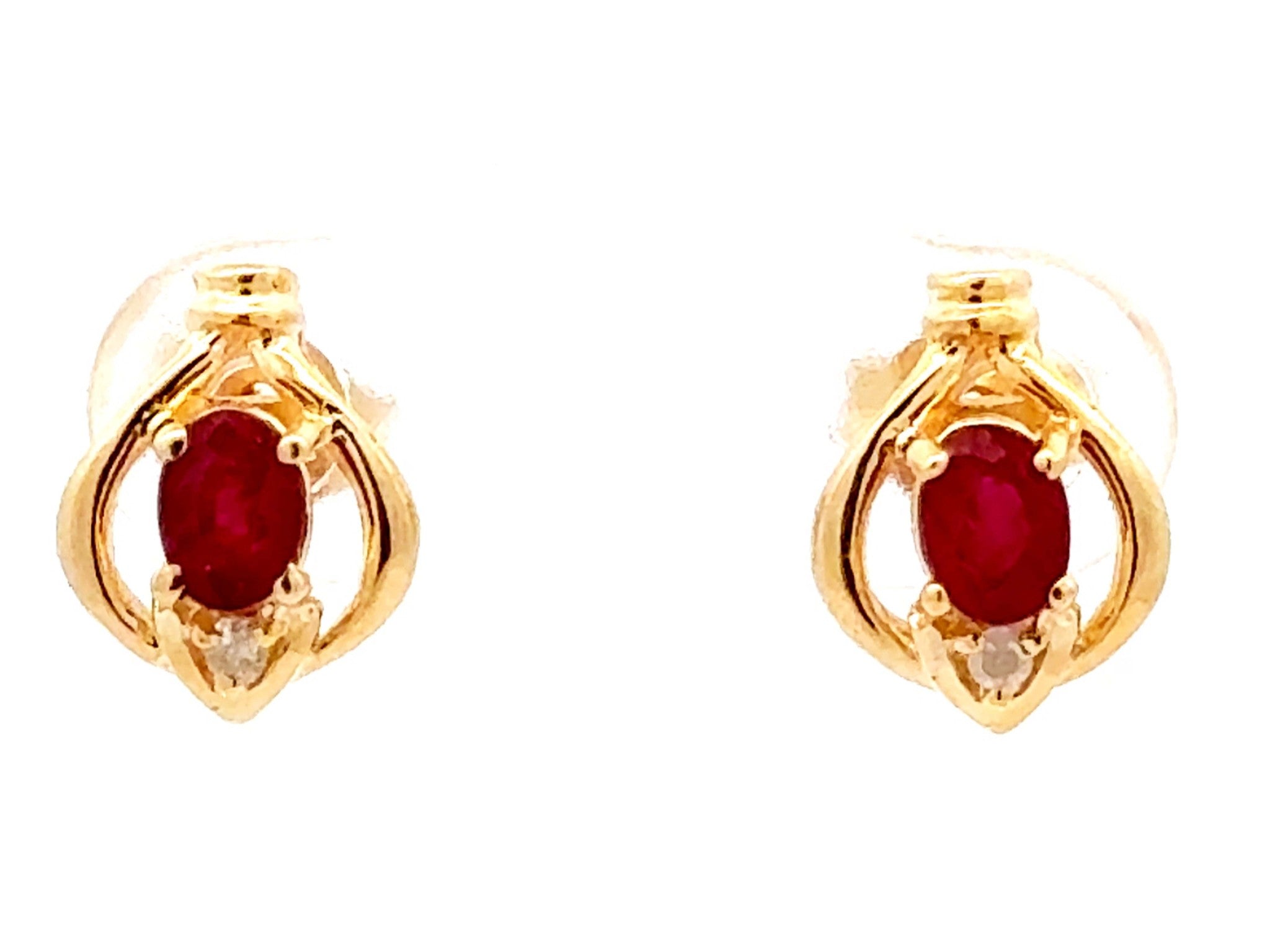 Oval Red Ruby and Diamond Stud Earrings 14k Yellow Gold