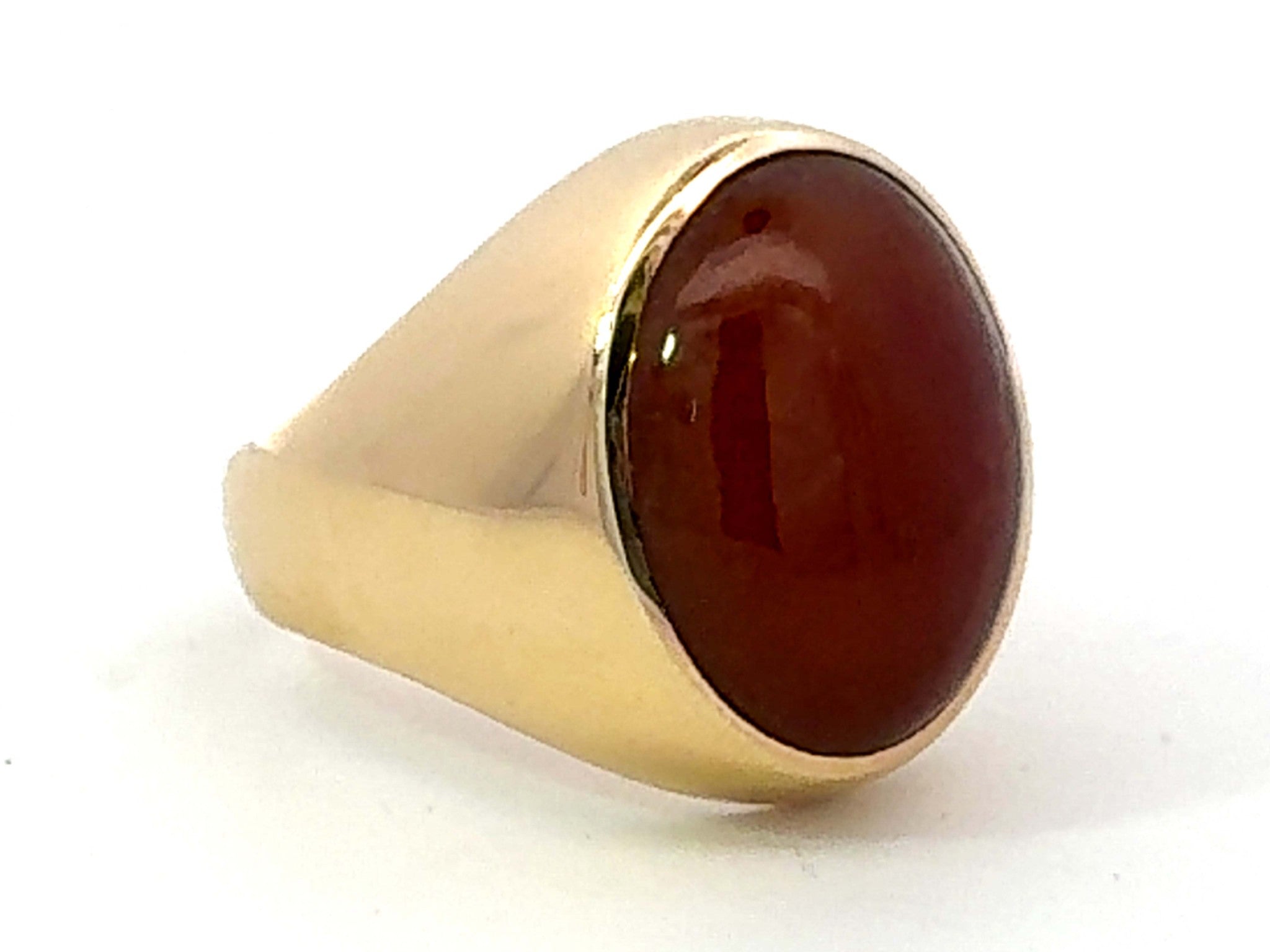 Bezel Set Red Brown Oval Cabochon Jade Ring 14k Yellow Gold