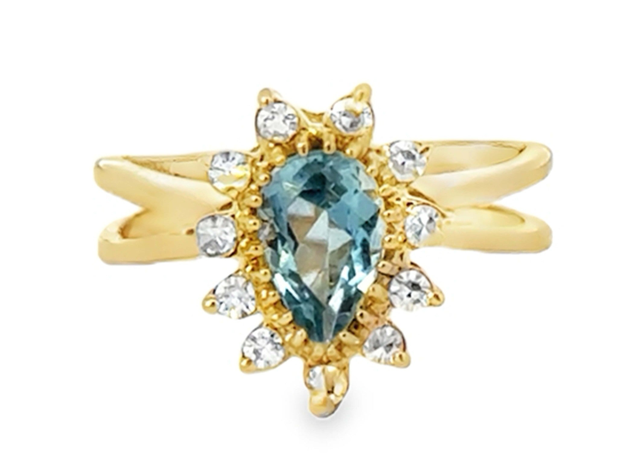 Pear Shaped Aquamarine and Diamond Halo Ring 14k Yellow Gold