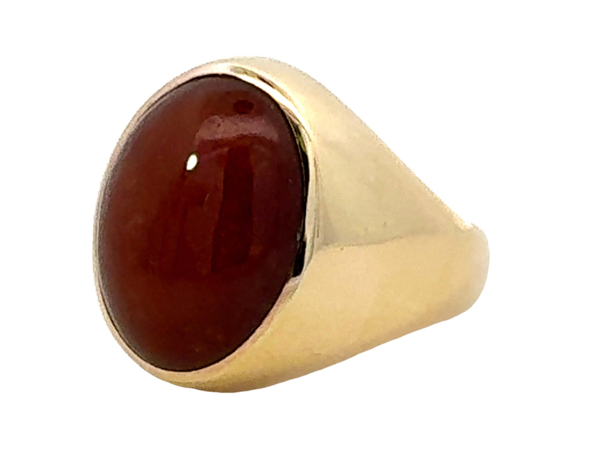 Bezel Set Red Brown Oval Cabochon Jade Ring 14k Yellow Gold