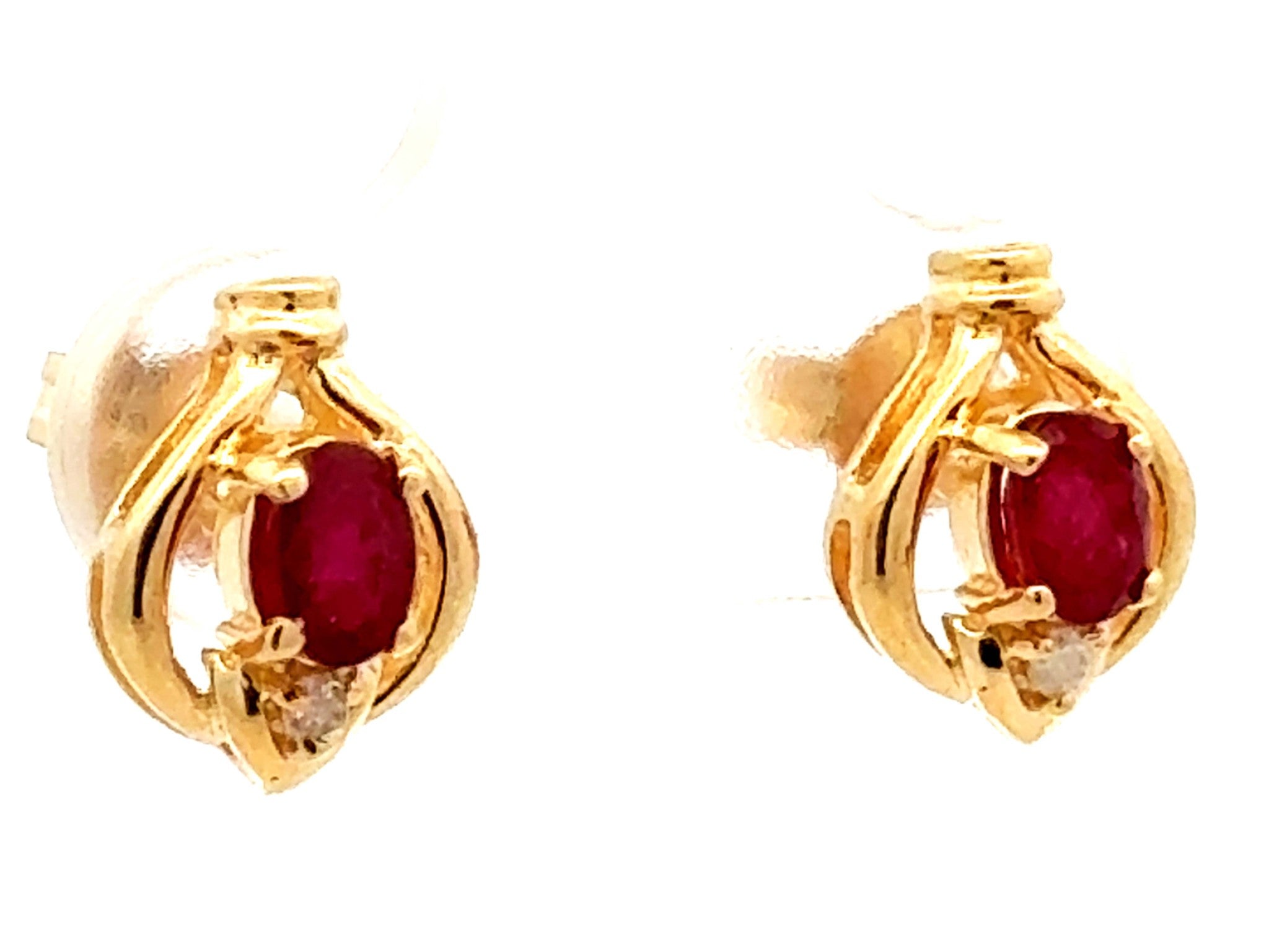 Oval Red Ruby and Diamond Stud Earrings 14k Yellow Gold