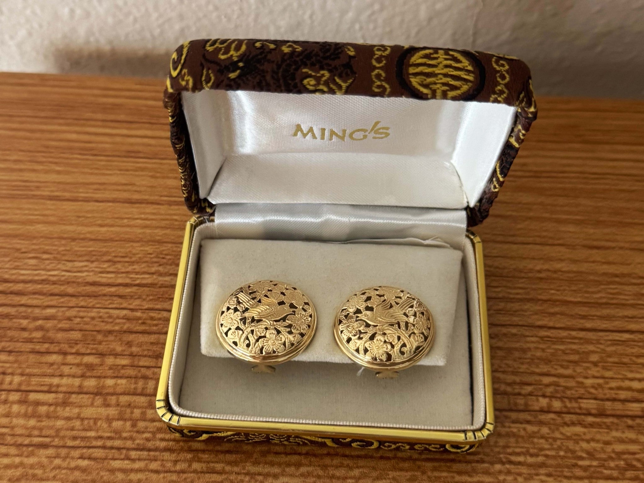 Ming's Hawaii Bird on a Plum Large Round Earrings 14K Yellow Gold