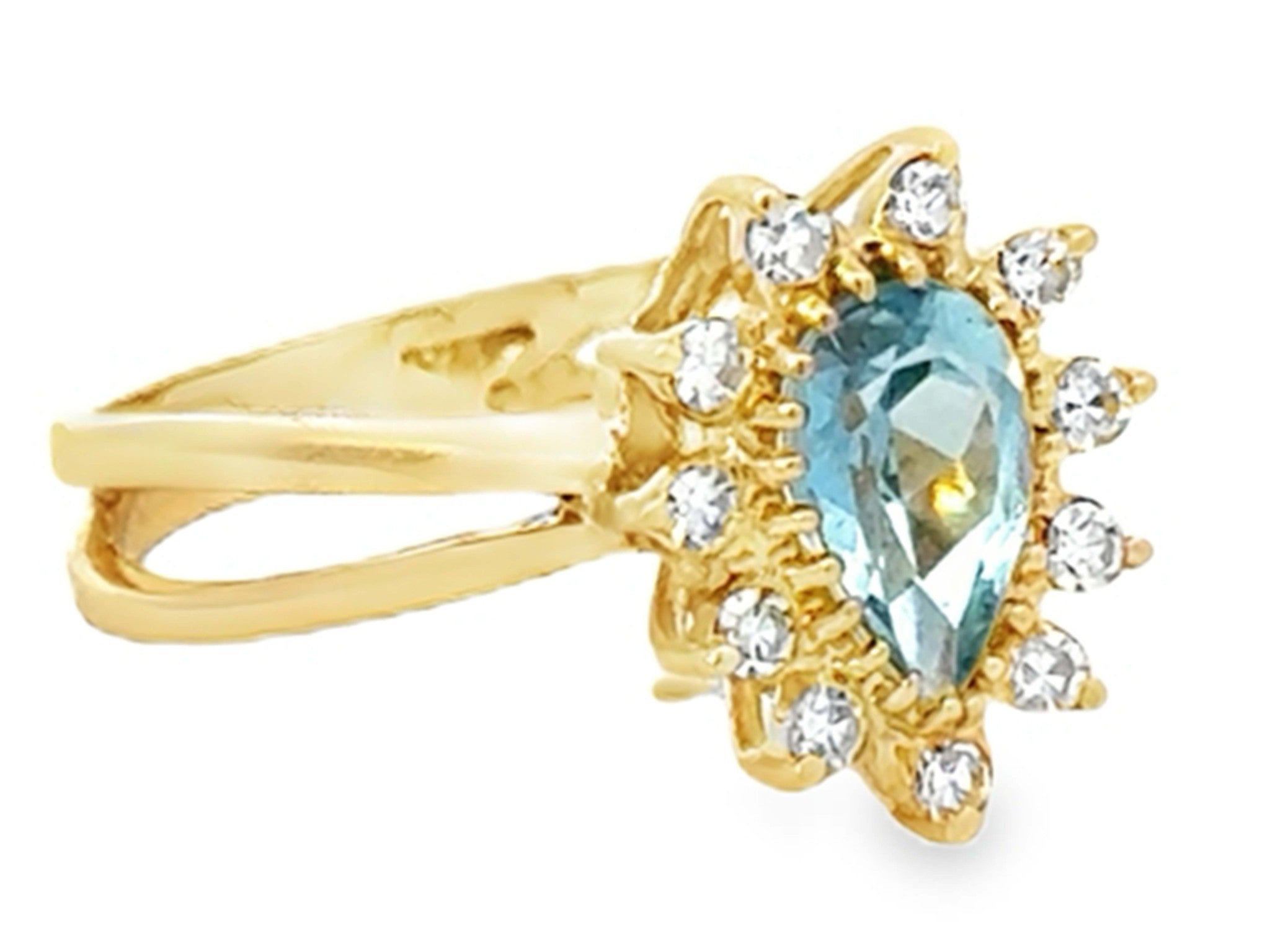 Pear Shaped Aquamarine and Diamond Halo Ring 14k Yellow Gold