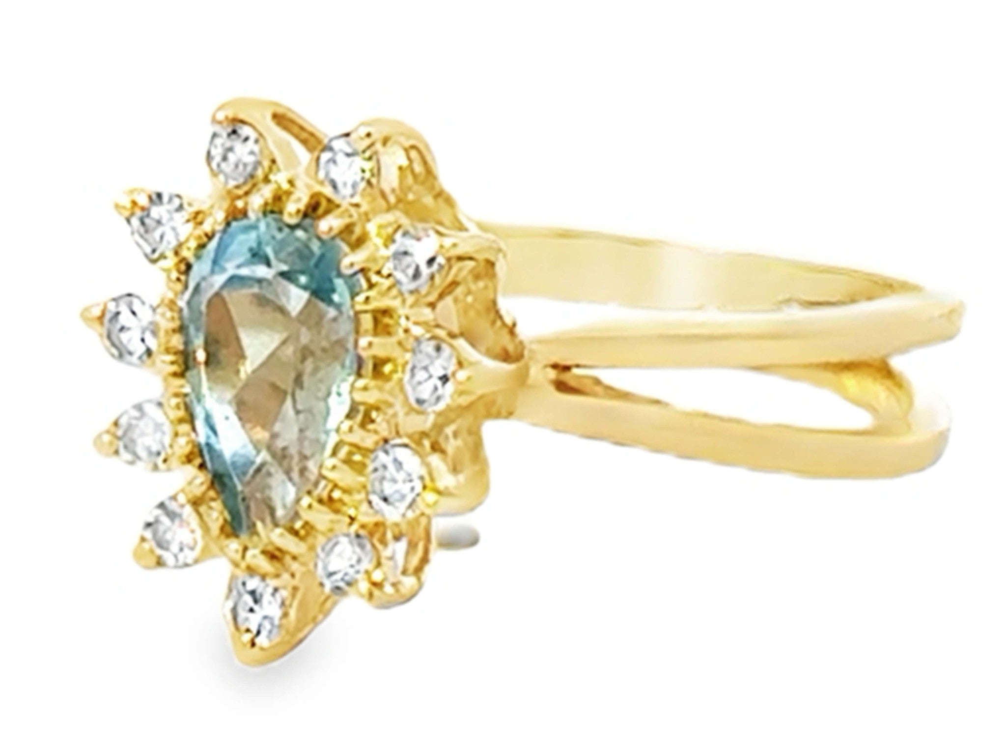 Pear Shaped Aquamarine and Diamond Halo Ring 14k Yellow Gold