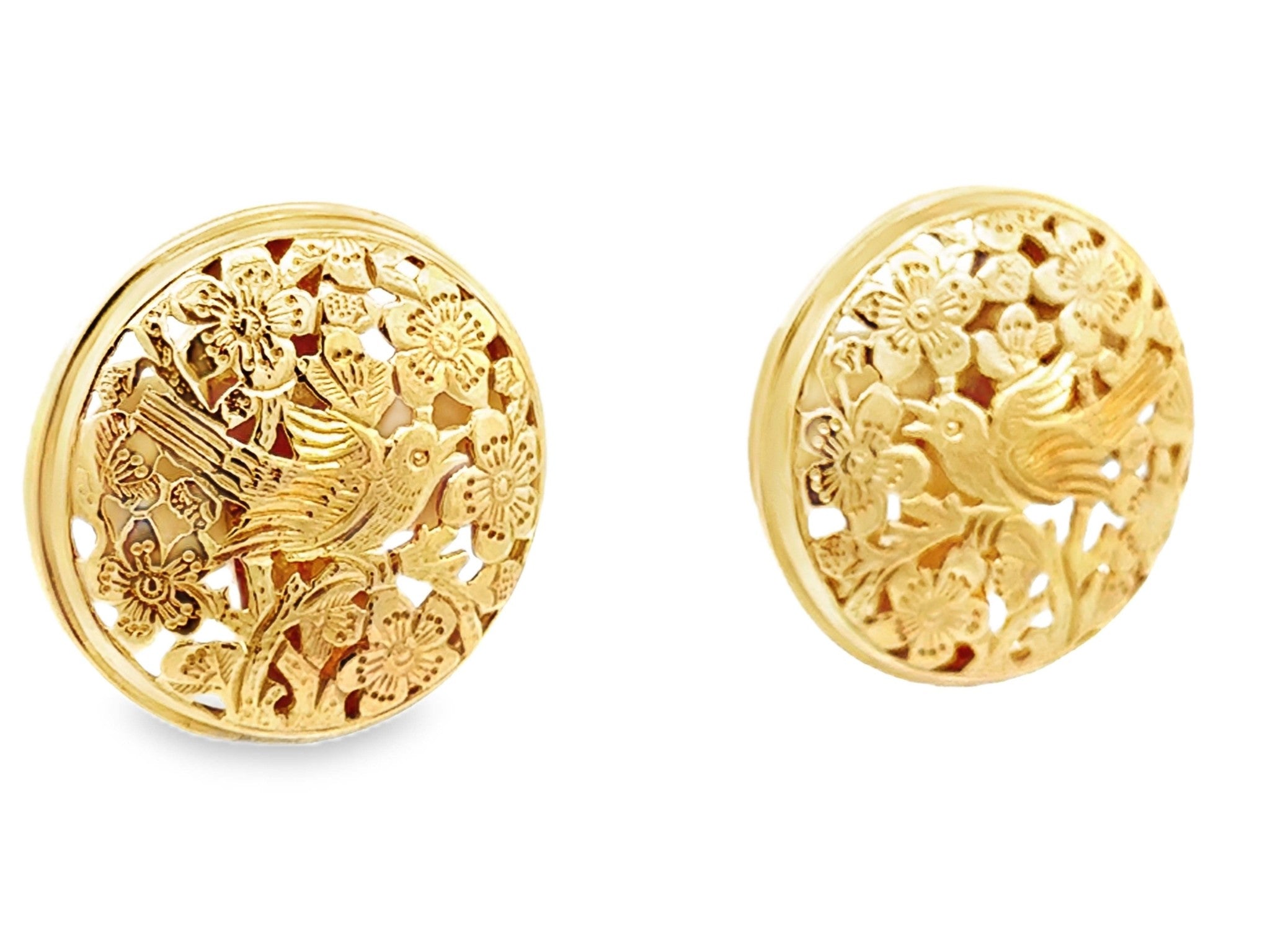 Ming's Hawaii Bird on a Plum Large Round Earrings 14K Yellow Gold