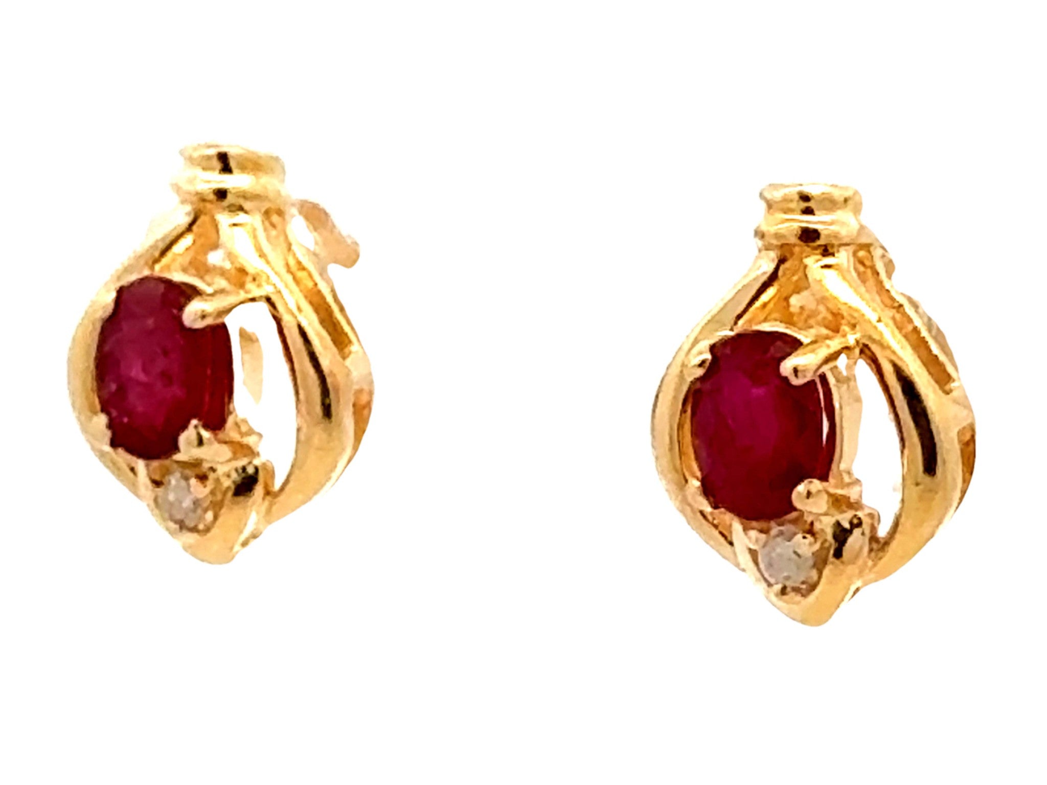 Oval Red Ruby and Diamond Stud Earrings 14k Yellow Gold