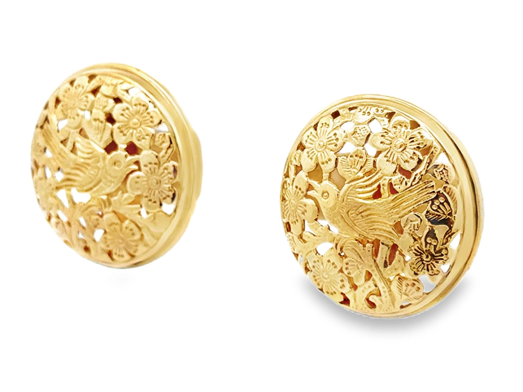 Ming's Hawaii Bird on a Plum Large Round Earrings 14K Yellow Gold