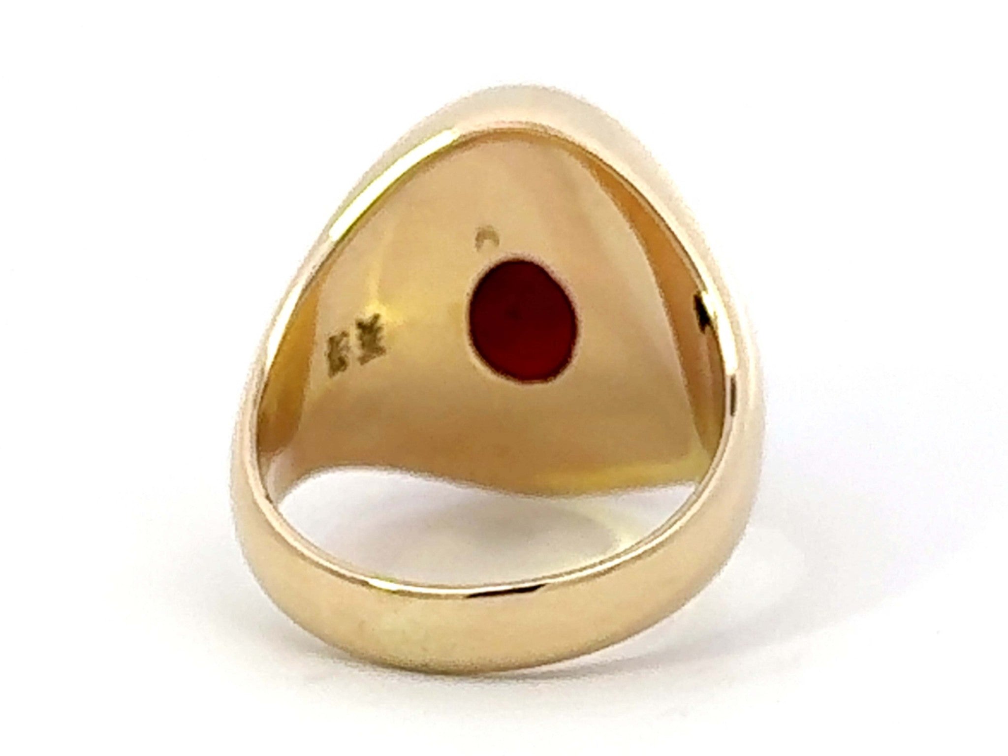 Bezel Set Red Brown Oval Cabochon Jade Ring 14k Yellow Gold