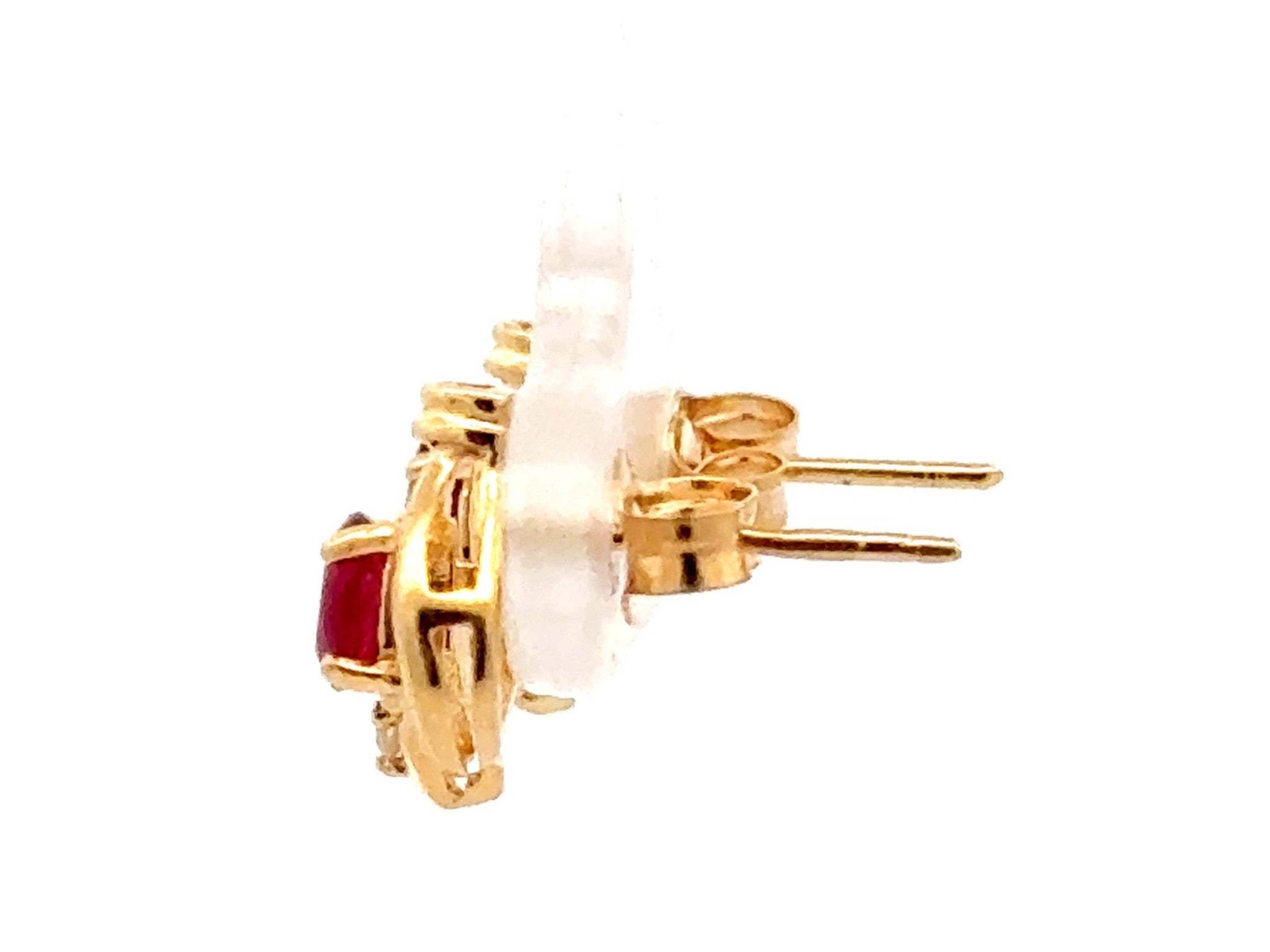 Oval Red Ruby and Diamond Stud Earrings 14k Yellow Gold