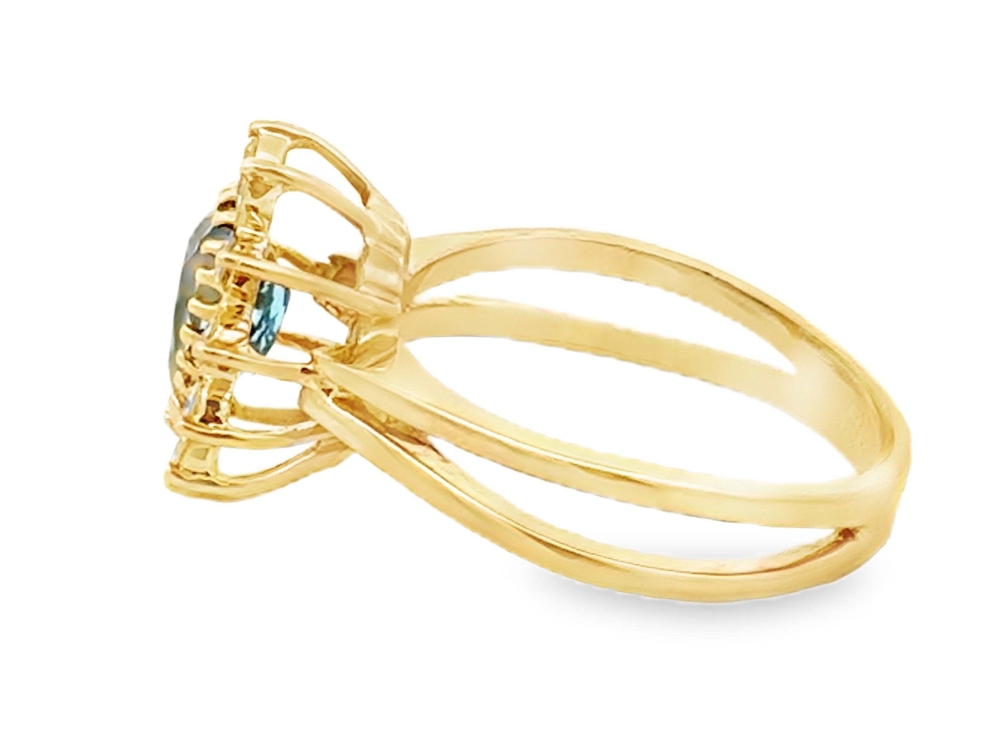 Pear Shaped Aquamarine and Diamond Halo Ring 14k Yellow Gold