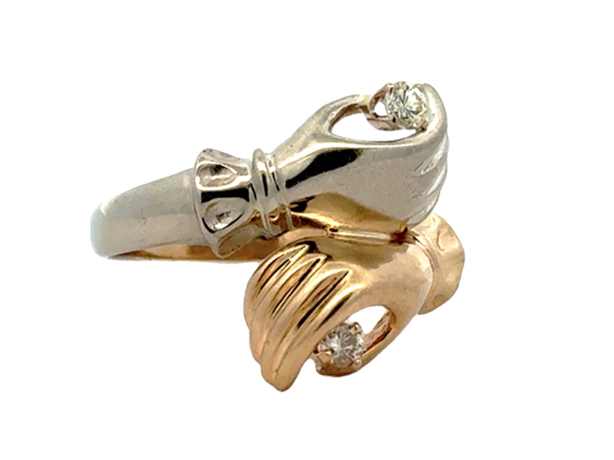 Yellow and White Gold Hands Holding Diamonds Ring 14k Gold