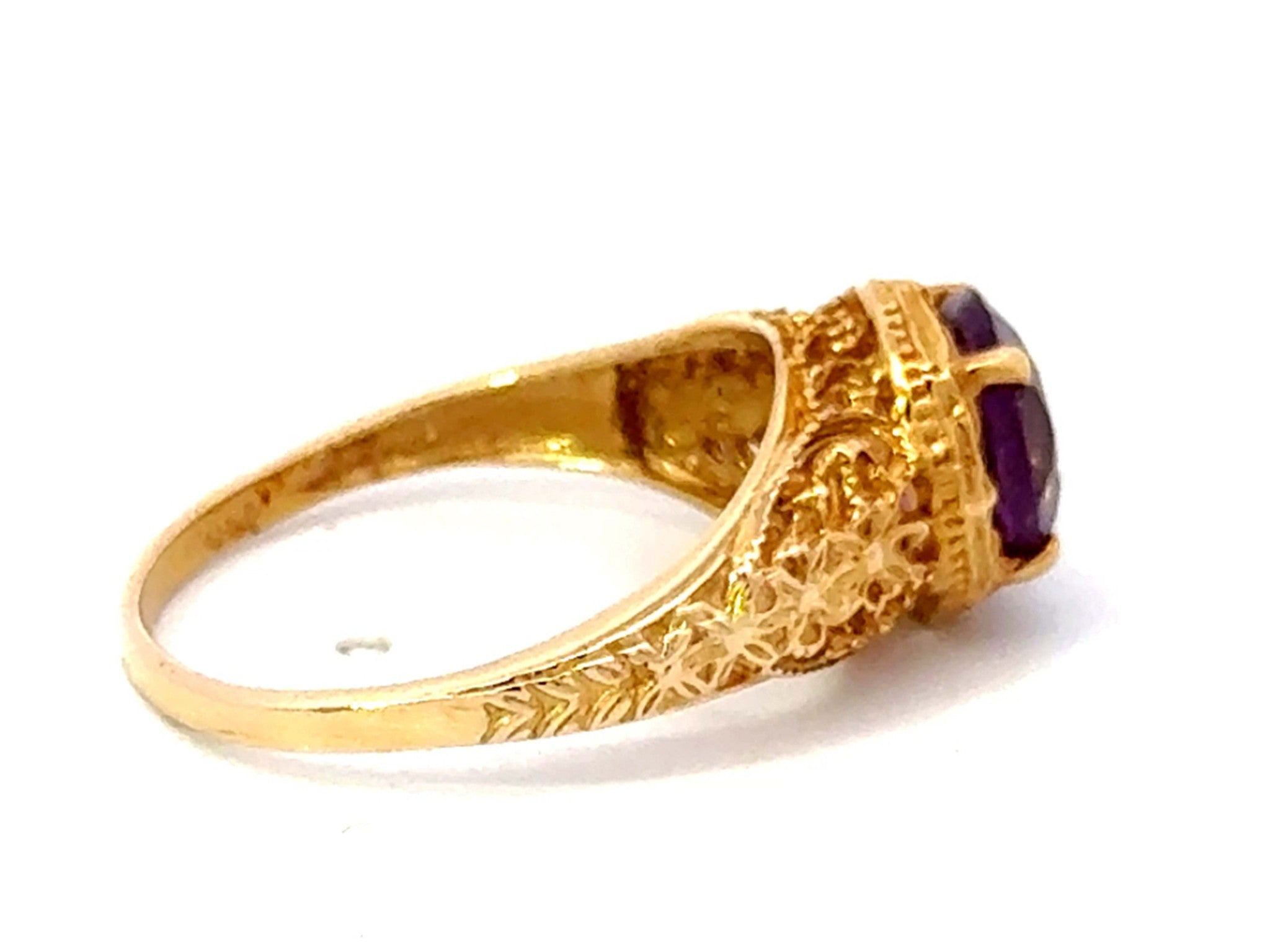 Round Purple Amethyst Filigree Ring 14k Yellow Gold