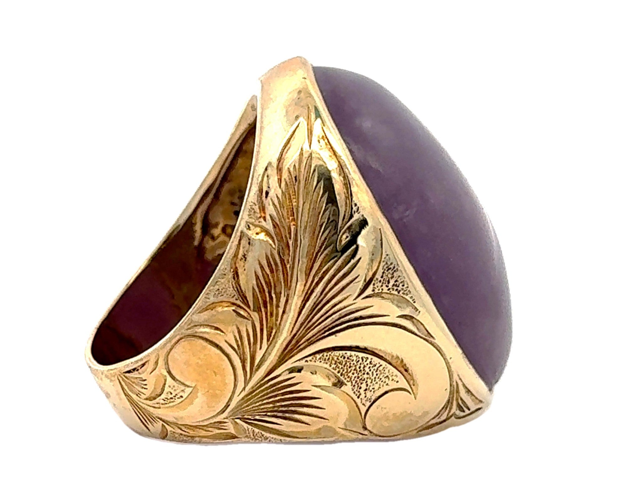 90 Carat Mens Purple Jade Cabochon Ring 14k Yellow Gold