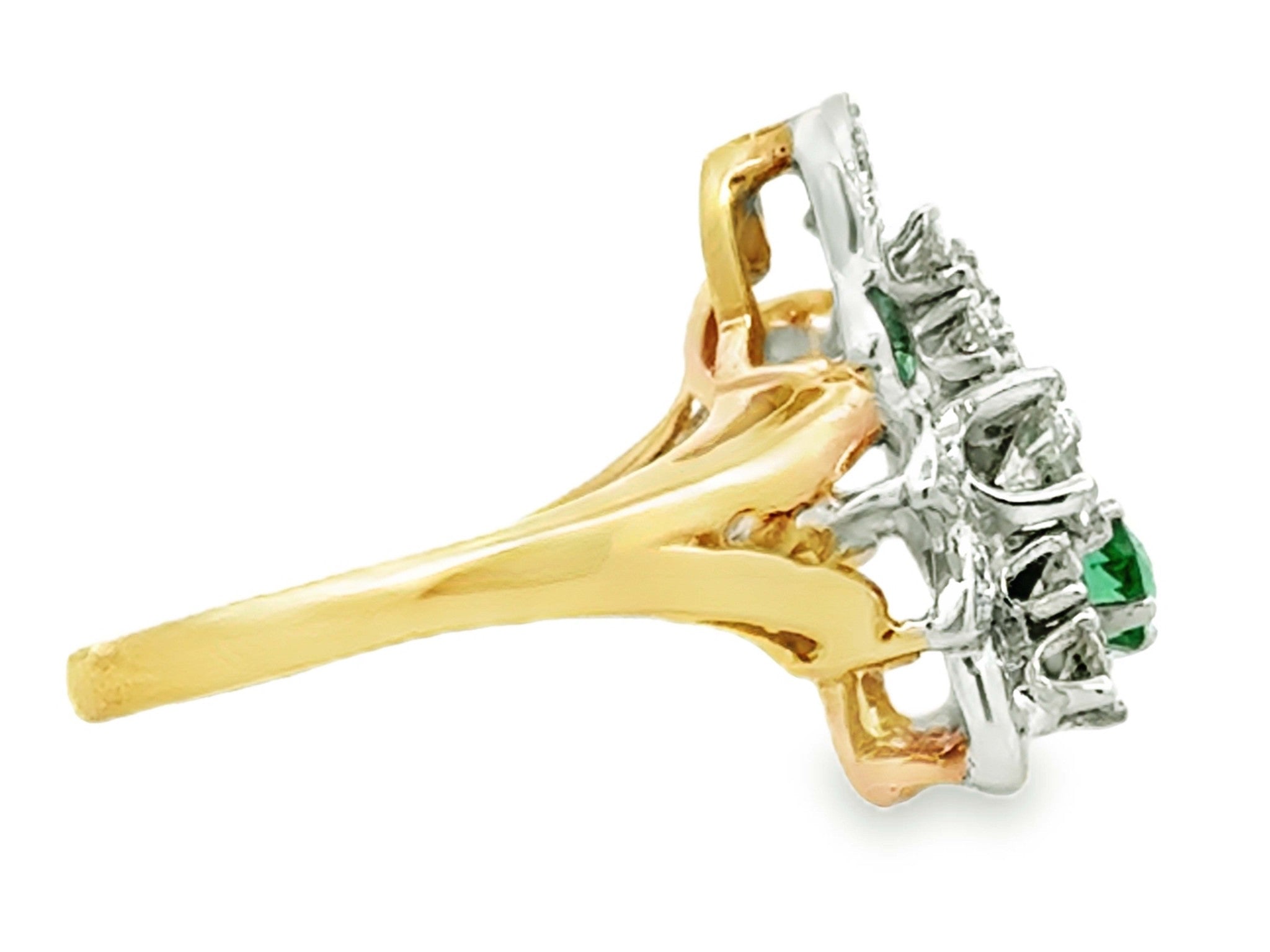 Diamond and Emerald Cluster Cocktail Ring 18k White and Yellow Gold