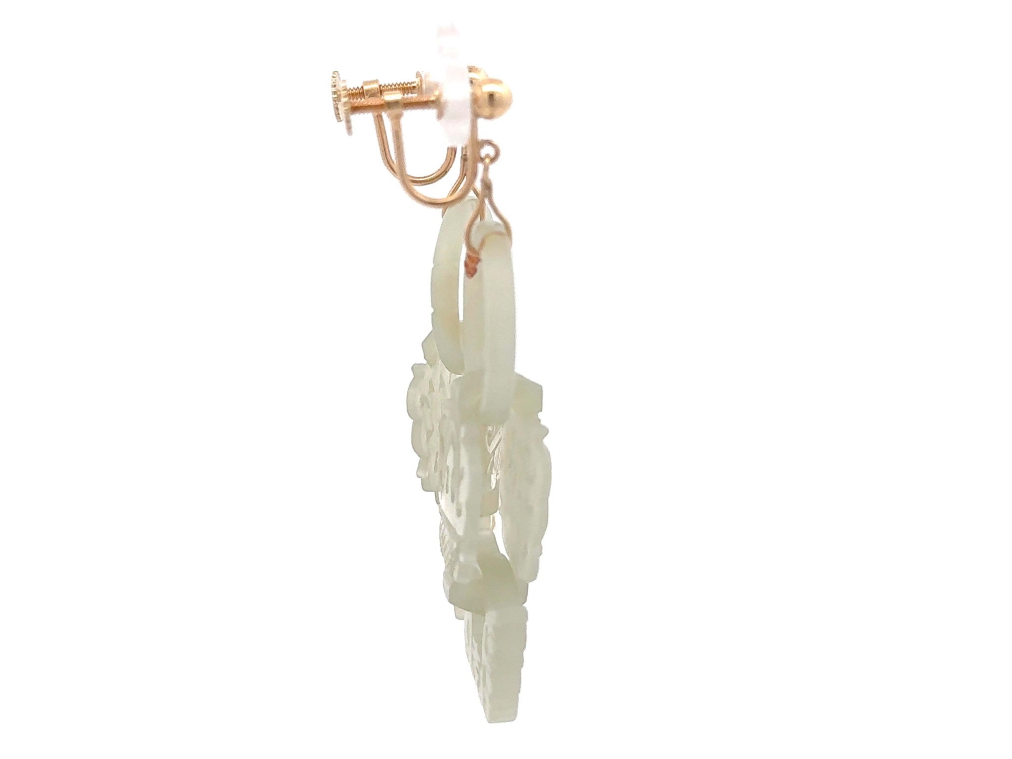 Devils Work White Jade Dangly Earrings 14k Yellow Gold