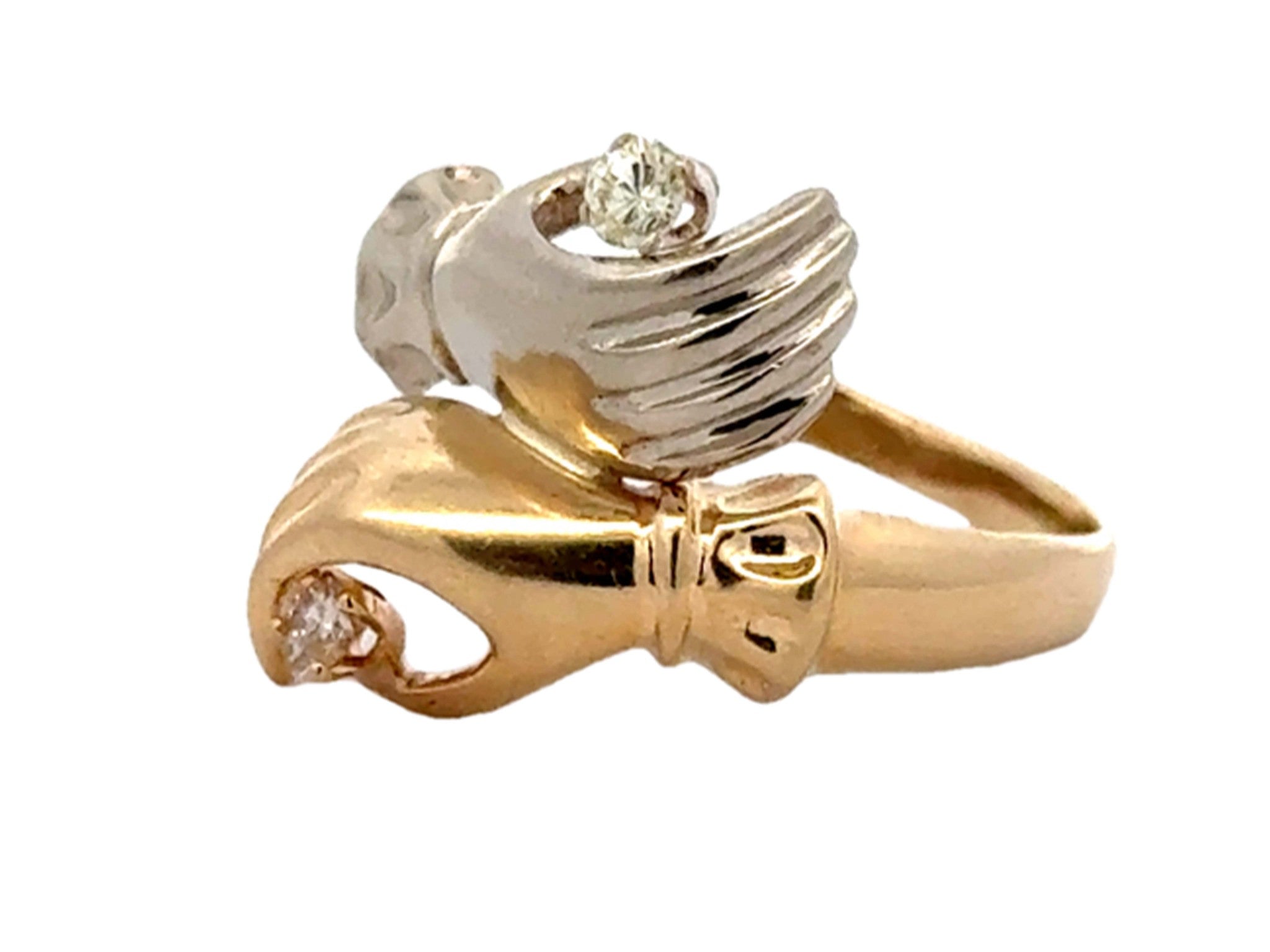 Yellow and White Gold Hands Holding Diamonds Ring 14k Gold