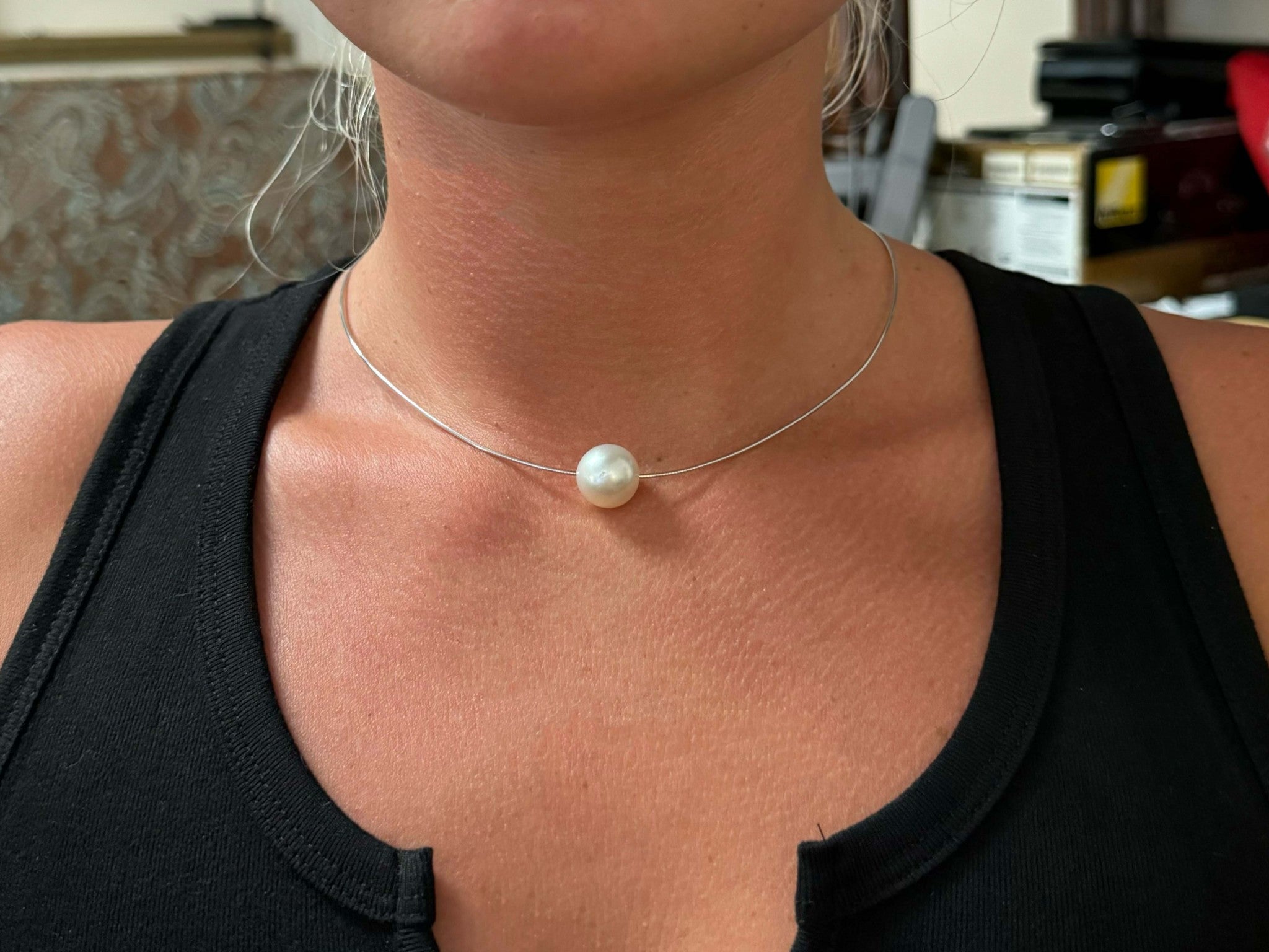 Single Large Pearl Omega Chain Necklace 14K White Gold