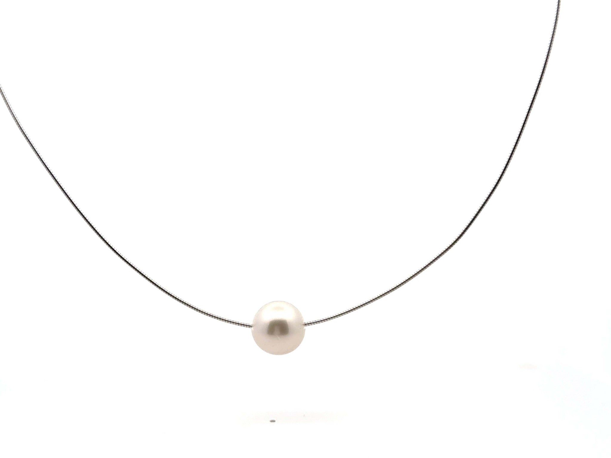 Single Large Pearl Omega Chain Necklace 14K White Gold