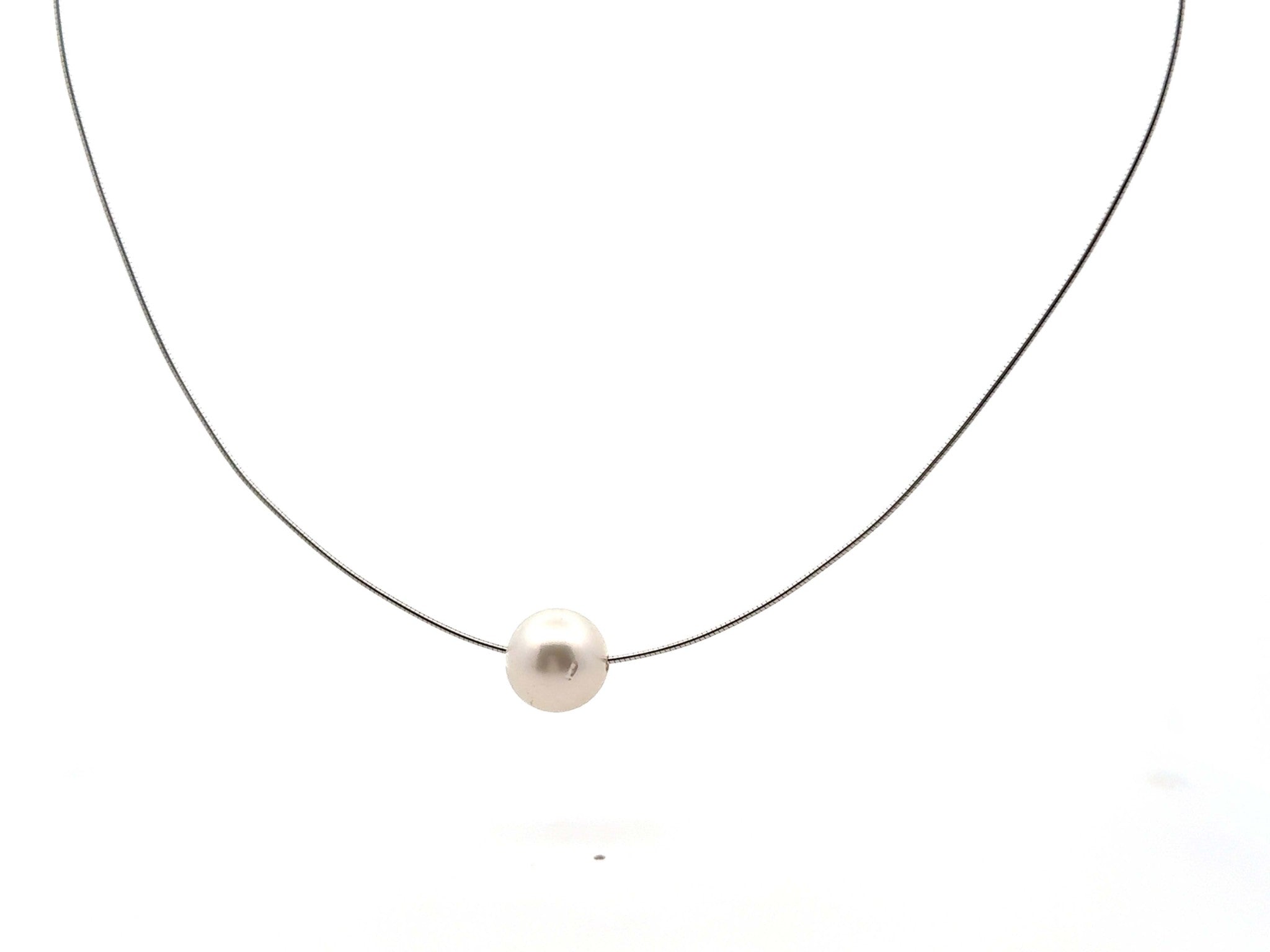 Single Large Pearl Omega Chain Necklace 14K White Gold