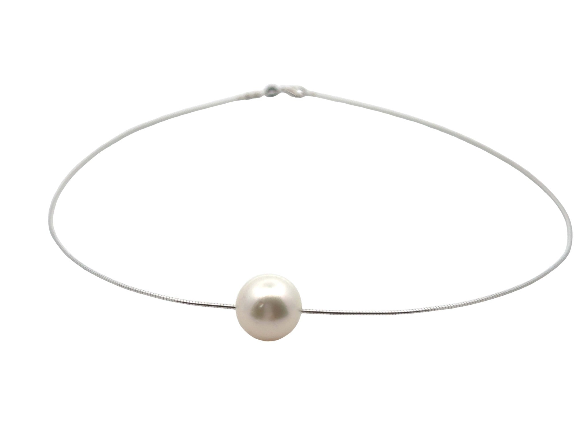 Single Large Pearl Omega Chain Necklace 14K White Gold