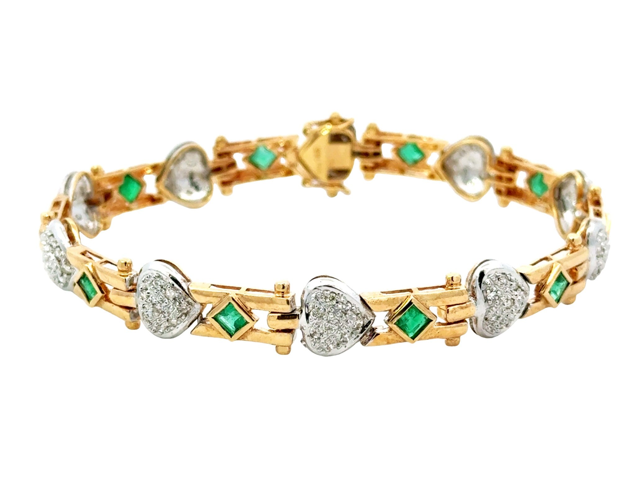 14k Yellow Gold Diamond Heart and Emerald Link Bracelet