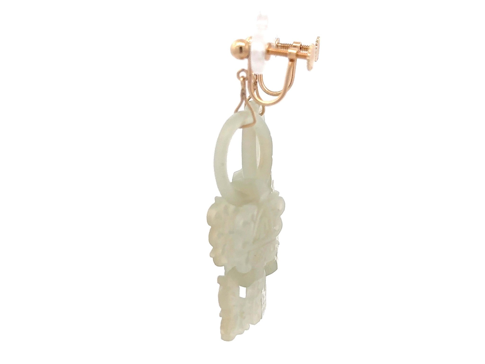 Devils Work White Jade Dangly Earrings 14k Yellow Gold