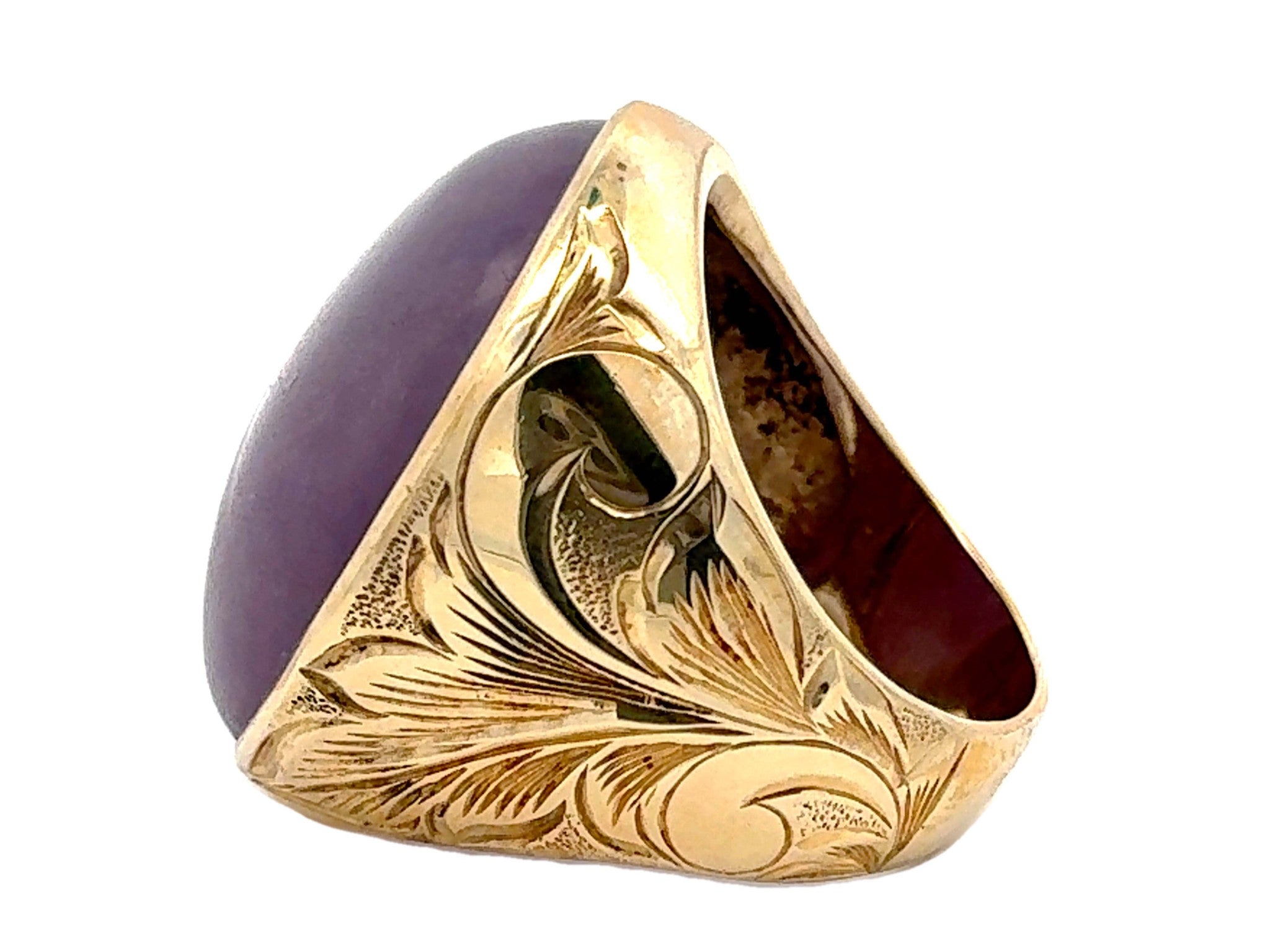 90 Carat Mens Purple Jade Cabochon Ring 14k Yellow Gold