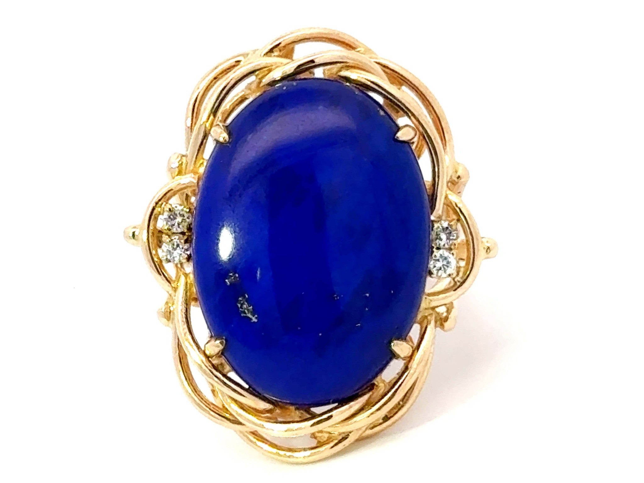 Large Oval Lapis Lazuli Diamond Cocktail Ring 14k Yellow Gold