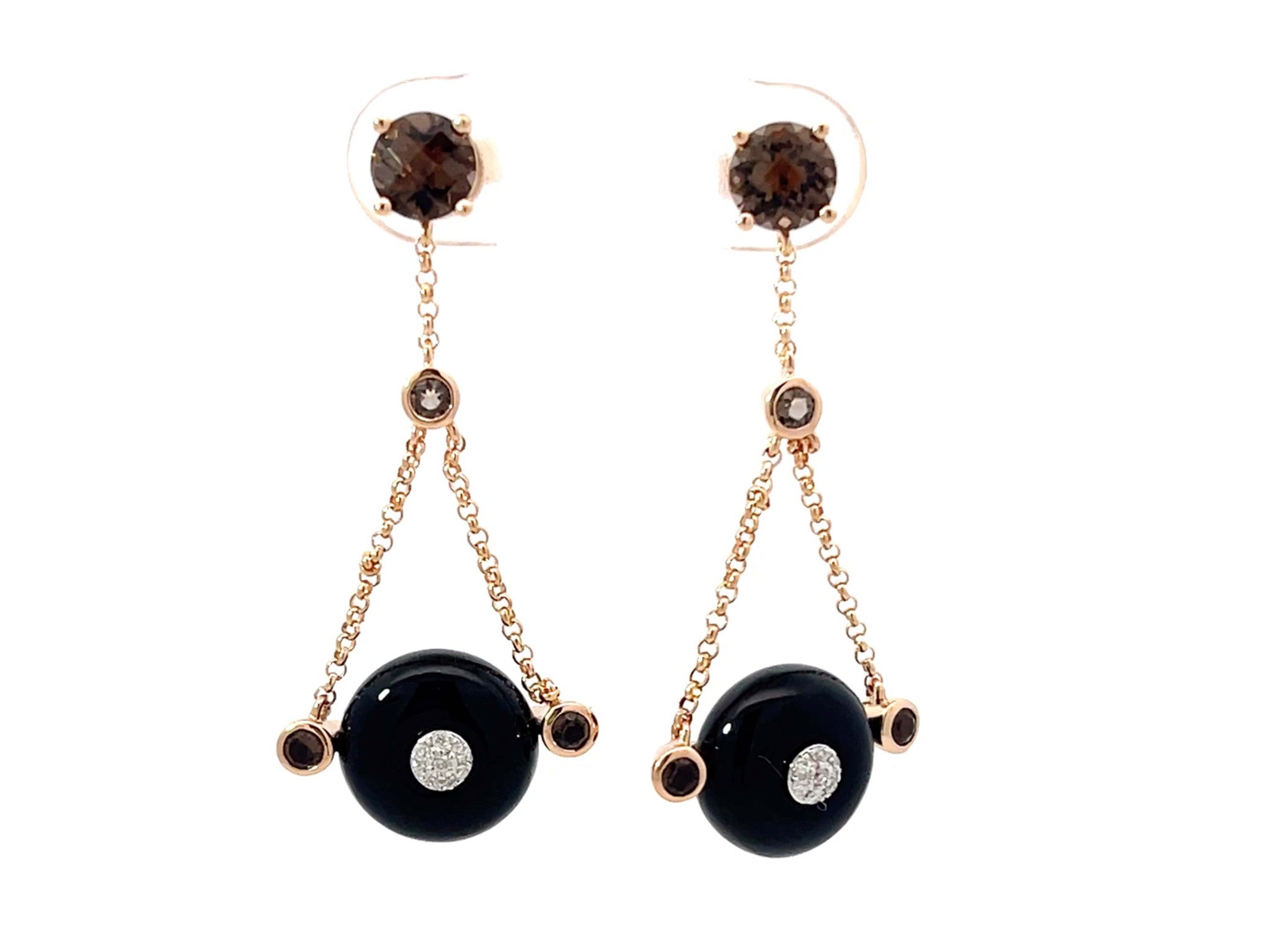 Round Black Agate Diamond and Smoky Topaz Dangly Earrings 14k Rose Gold