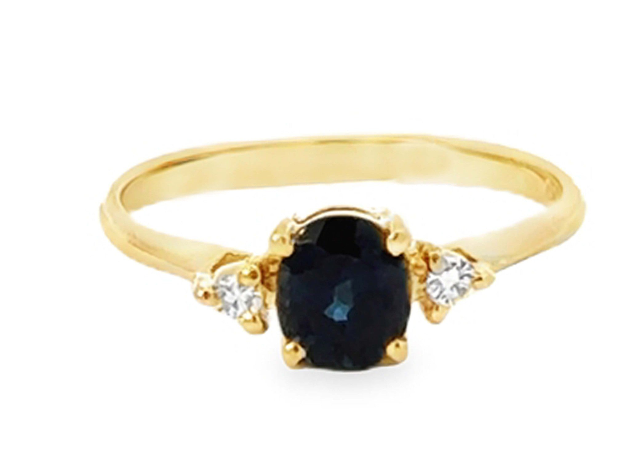 Oval Blue Sapphire 2 Diamond Ring 14k Yellow Gold